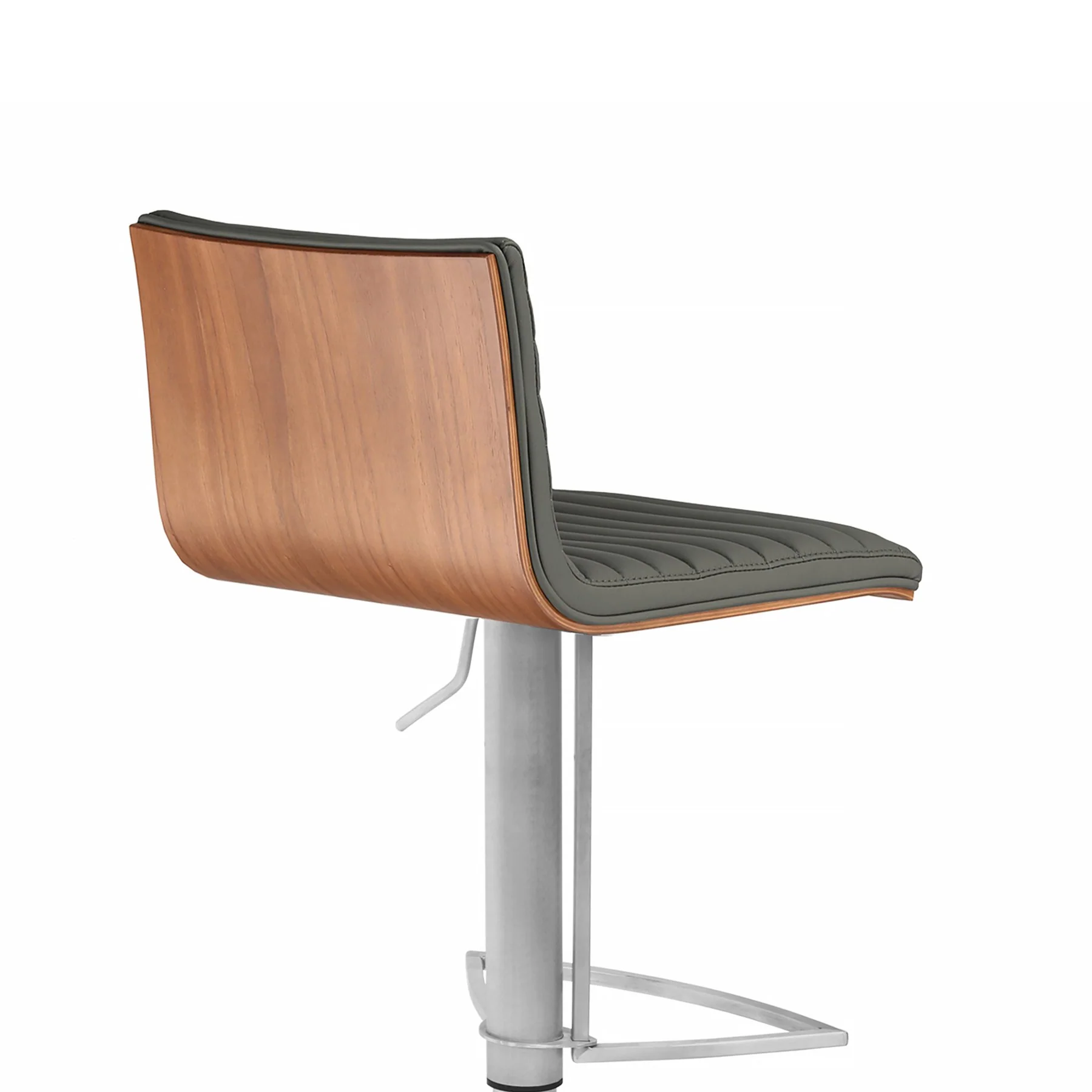 Café Adjustable Height Swivel Gray Faux Leather and Walnut Wood Bar Stool with Brushed Stainless Steel Base - Image 4