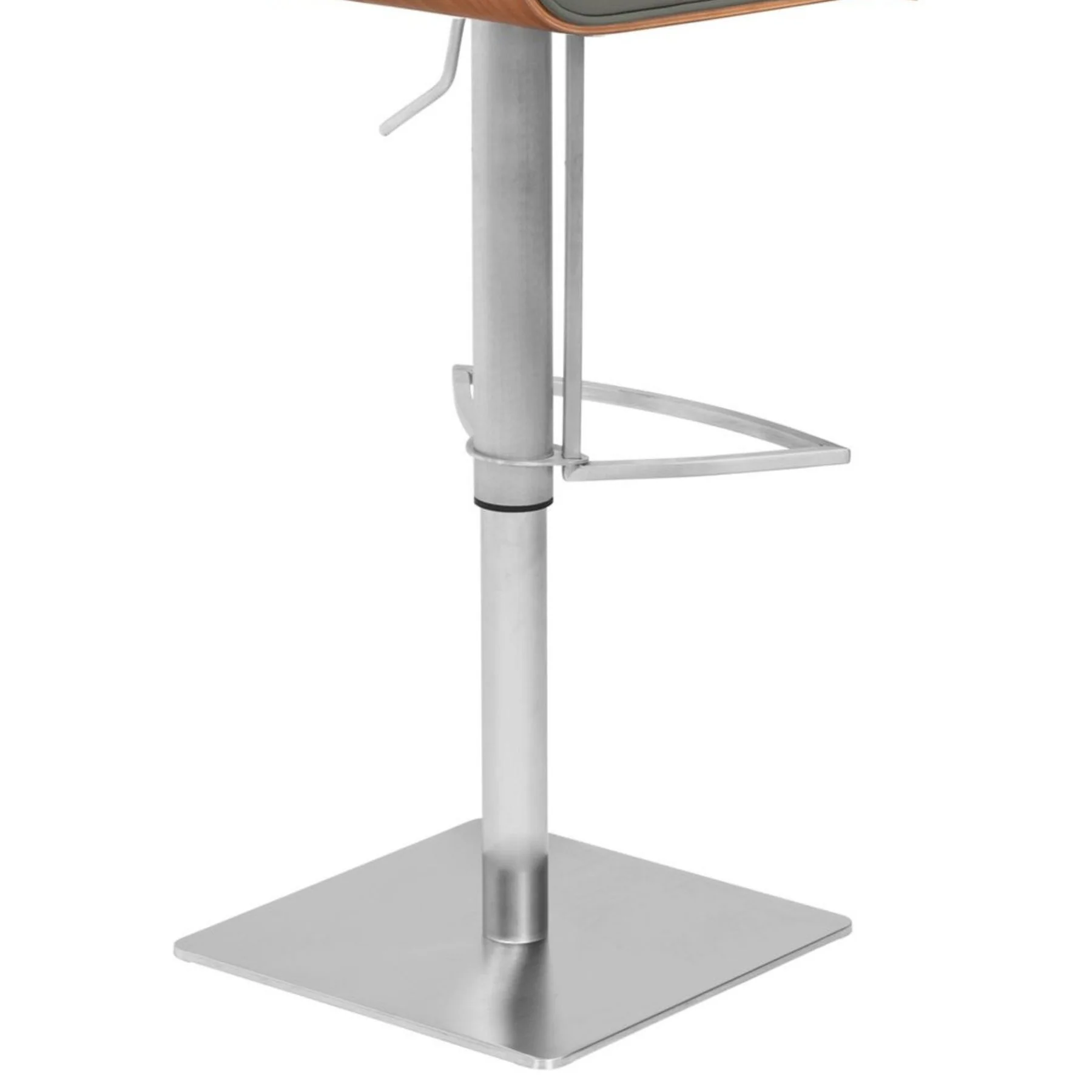 Café Adjustable Height Swivel Gray Faux Leather and Walnut Wood Bar Stool with Brushed Stainless Steel Base - Image 5