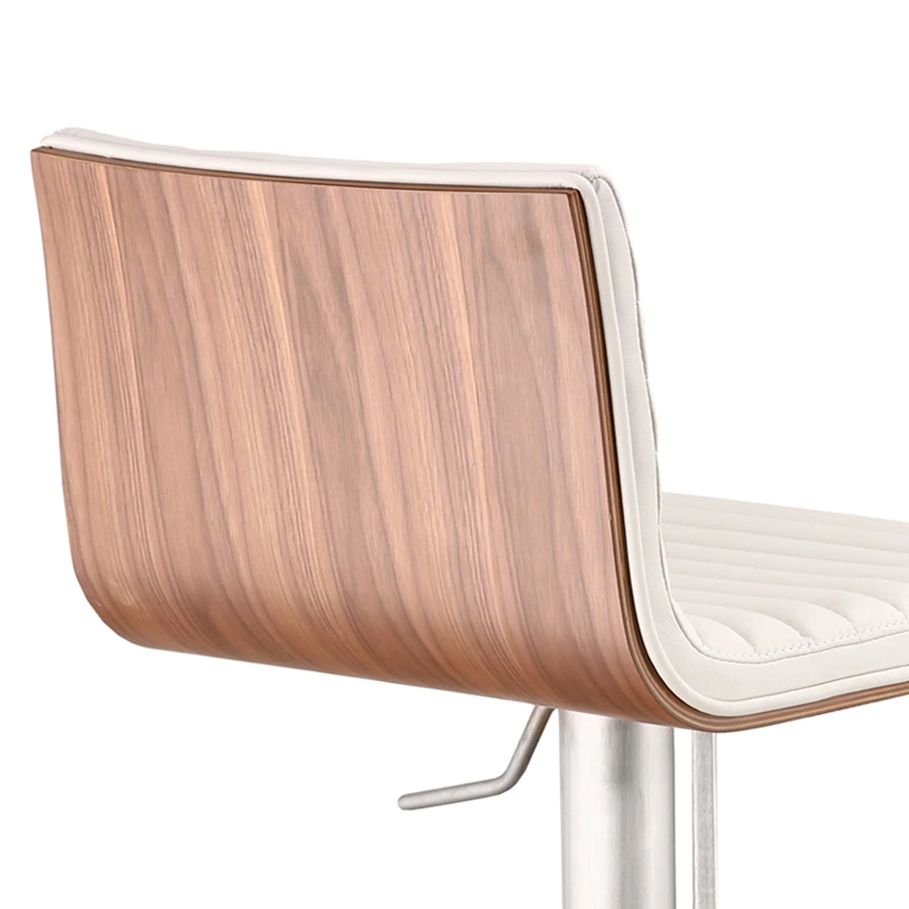 Café Adjustable Height Swivel White Faux Leather and Walnut Bar Stool with Brushed Stainless Steel Base - Image 5