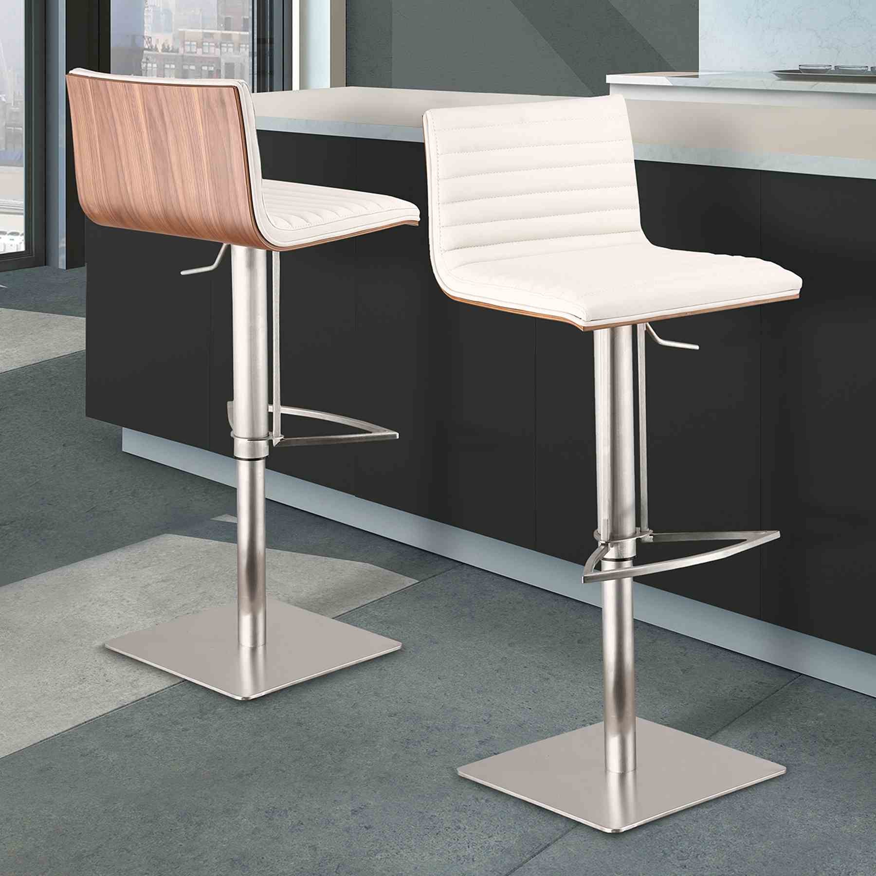 Café Adjustable Height Swivel White Faux Leather and Walnut Bar Stool with Brushed Stainless Steel Base - Image 6