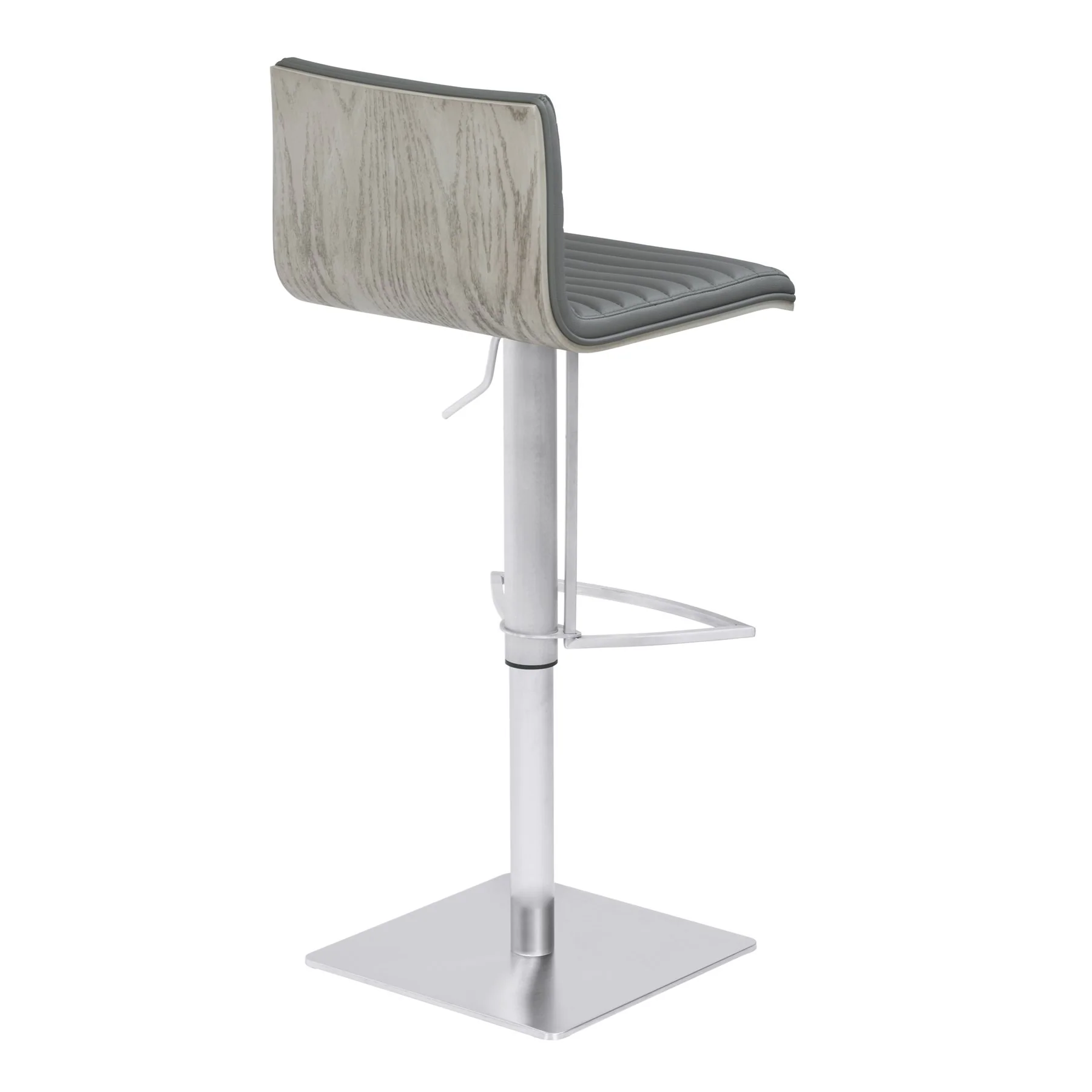 Café Adjustable Metal Barstool in Gray Faux Leather with Brushed Stainless Steel Finish and Gray Walnut Wood Back - Image 2