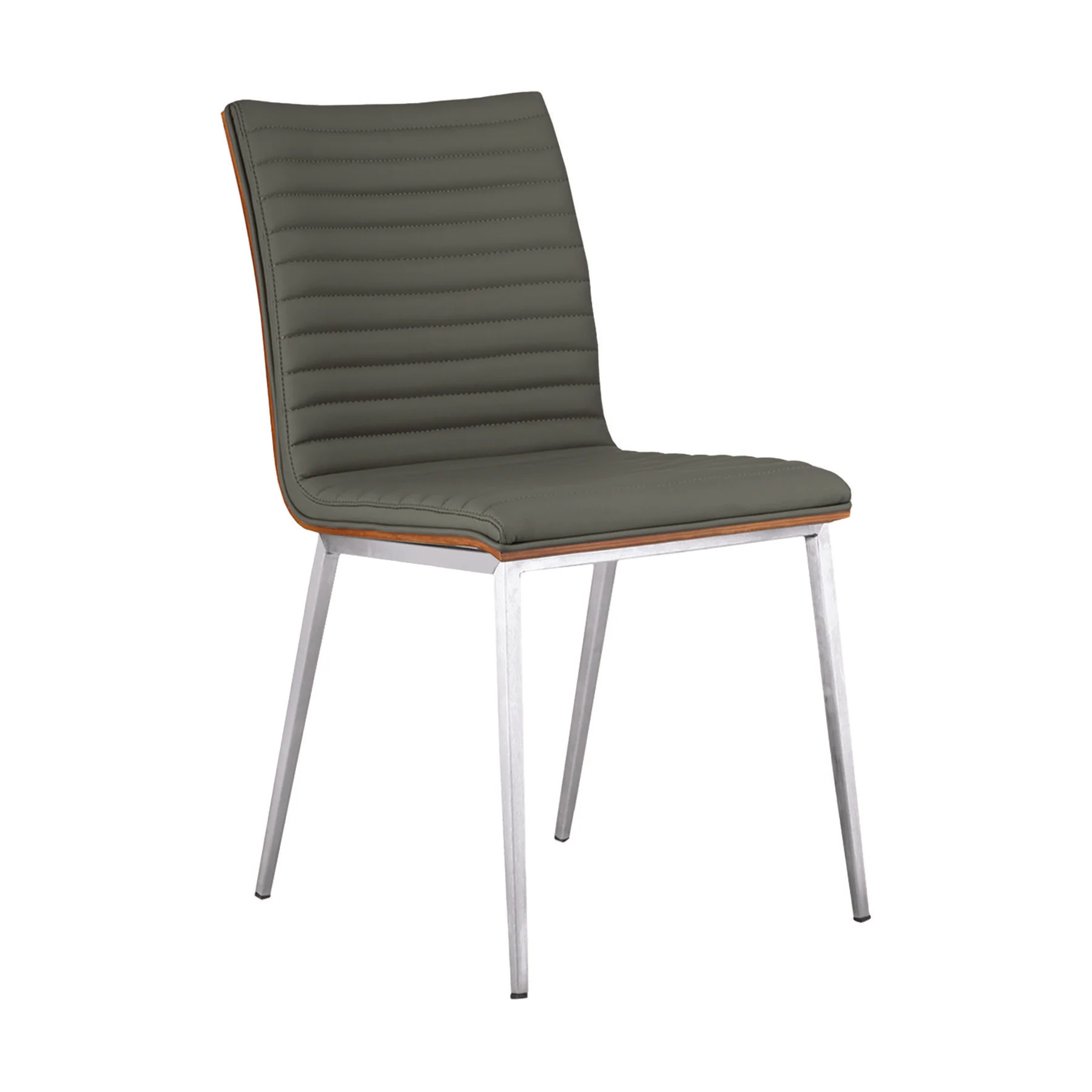 Café Brushed Stainless Steel Dining Chair in Gray Faux Leather with Walnut Back - Set of 2 - Image 2