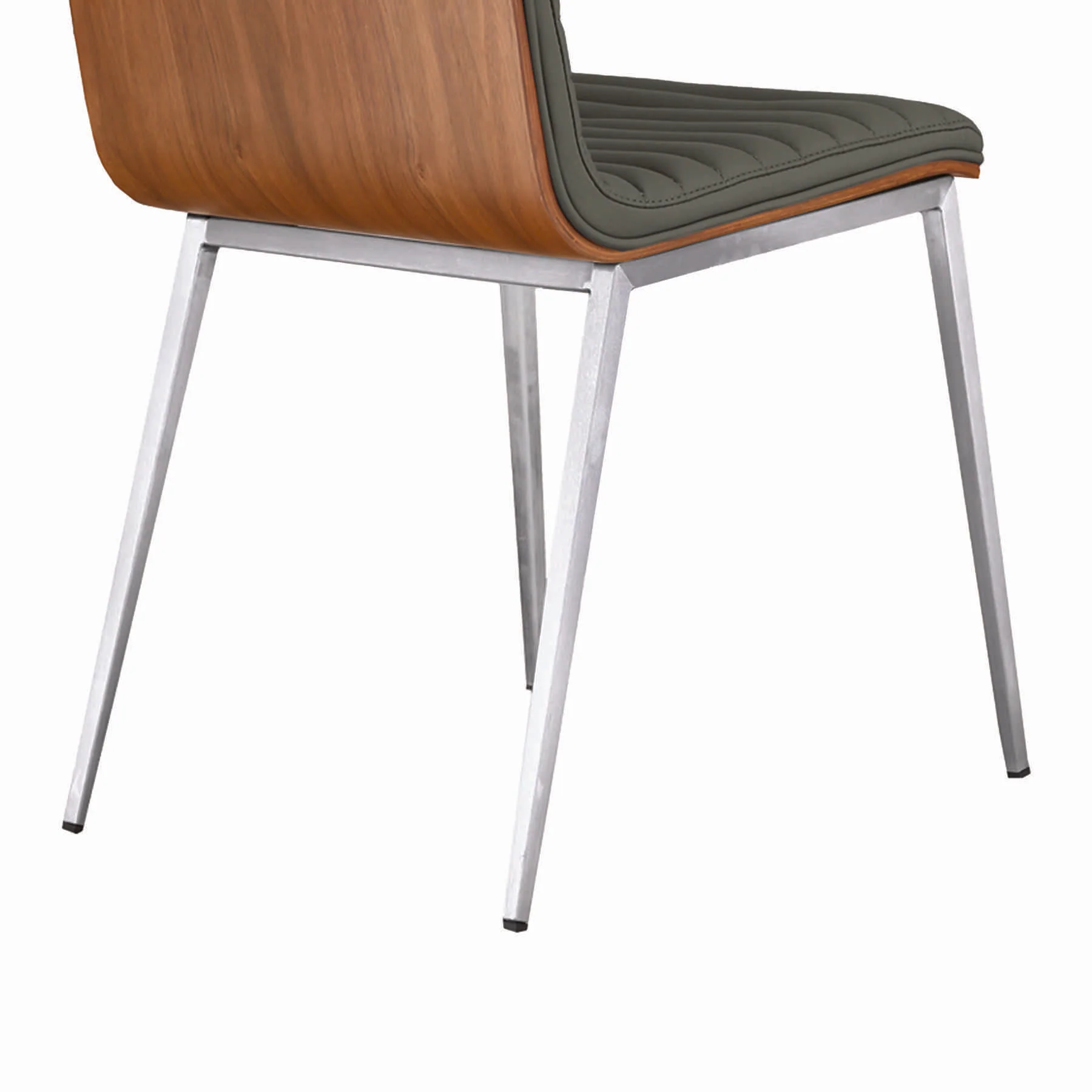 Café Brushed Stainless Steel Dining Chair in Gray Faux Leather with Walnut Back - Set of 2 - Image 6