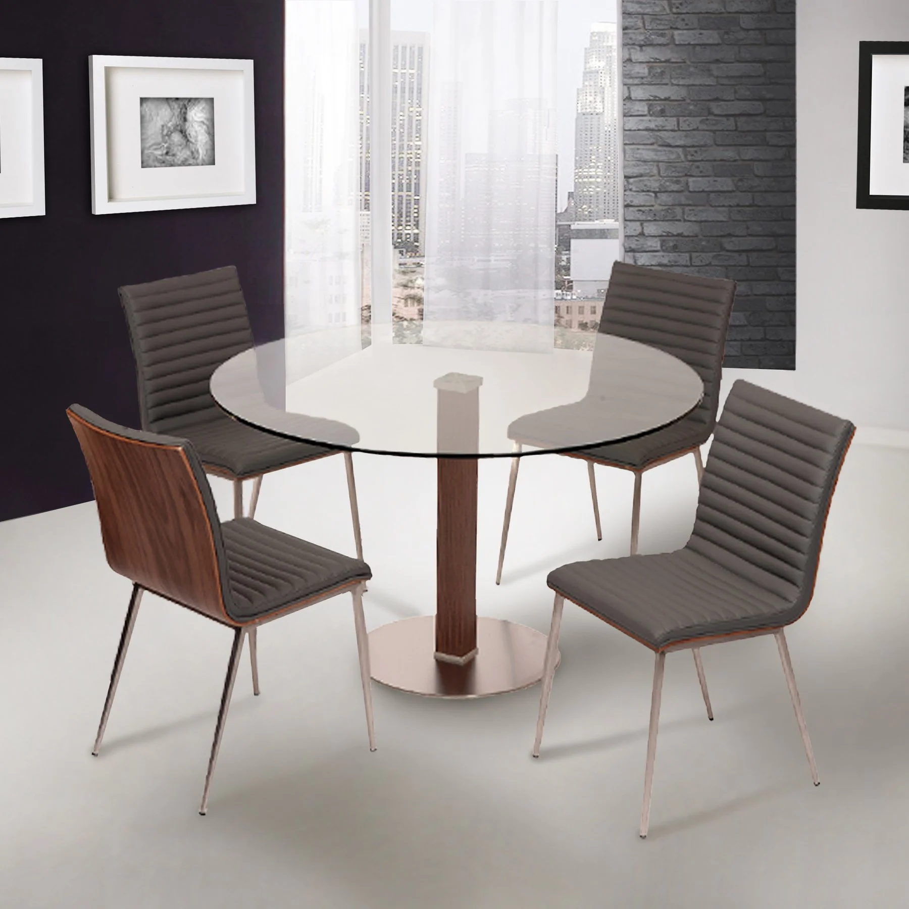Café Brushed Stainless Steel Dining Chair in Gray Faux Leather with Walnut Back - Set of 2 - Image 8