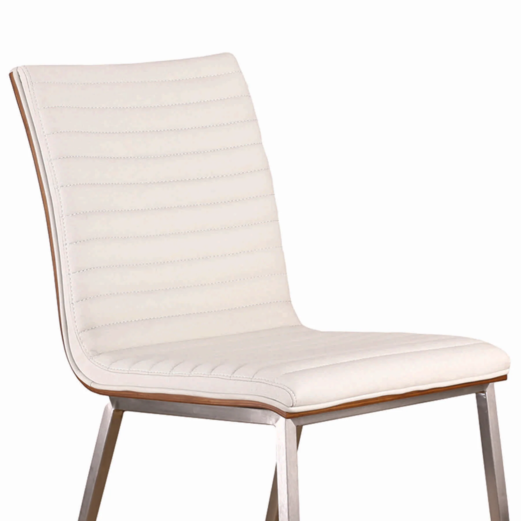 Café Brushed Stainless Steel Dining Chair in White Faux Leather with Walnut Back - Set of 2 - Image 3