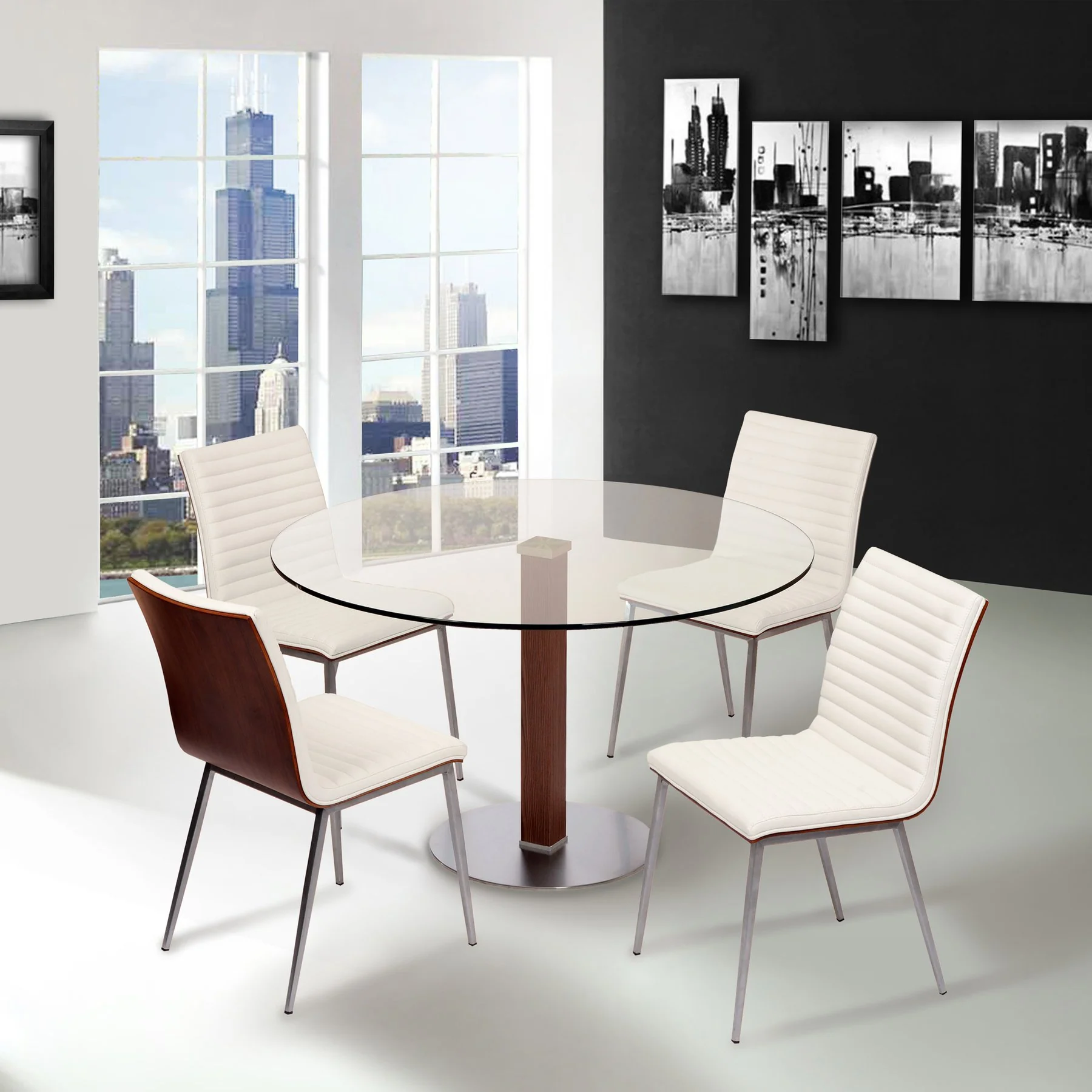 Café Brushed Stainless Steel Dining Chair in White Faux Leather with Walnut Back - Set of 2 - Image 6
