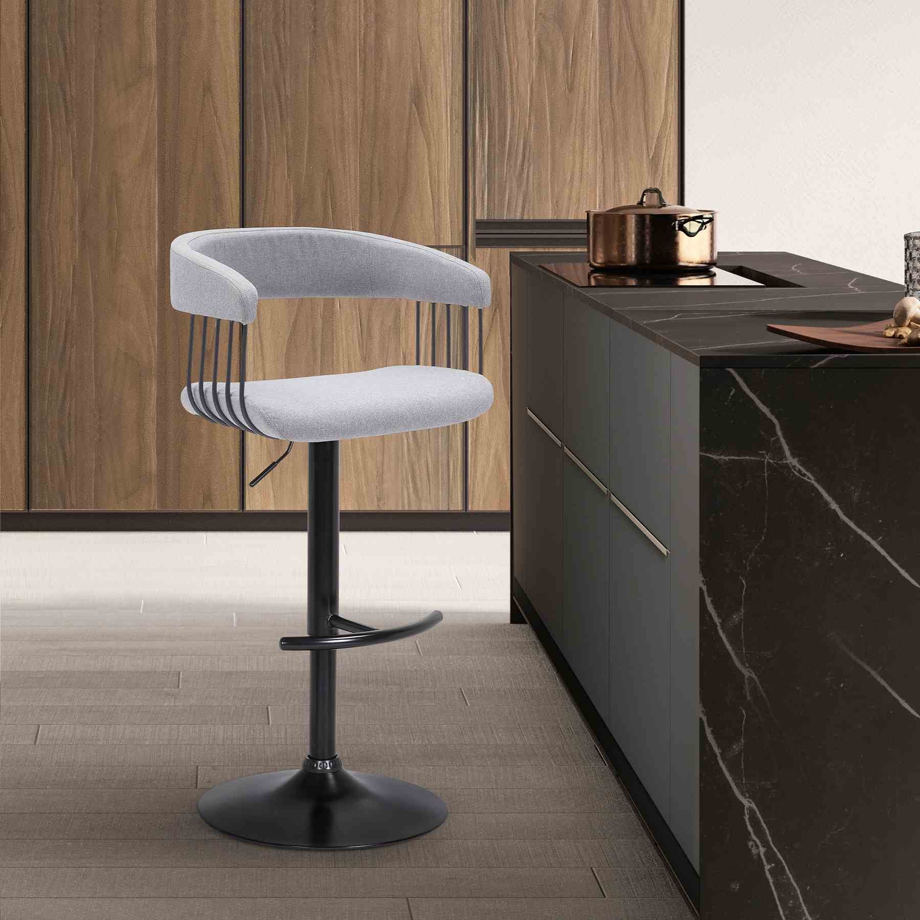 Calista Adjustable Bar Stool in Light Gray Fabric with Black Metal - Image 7