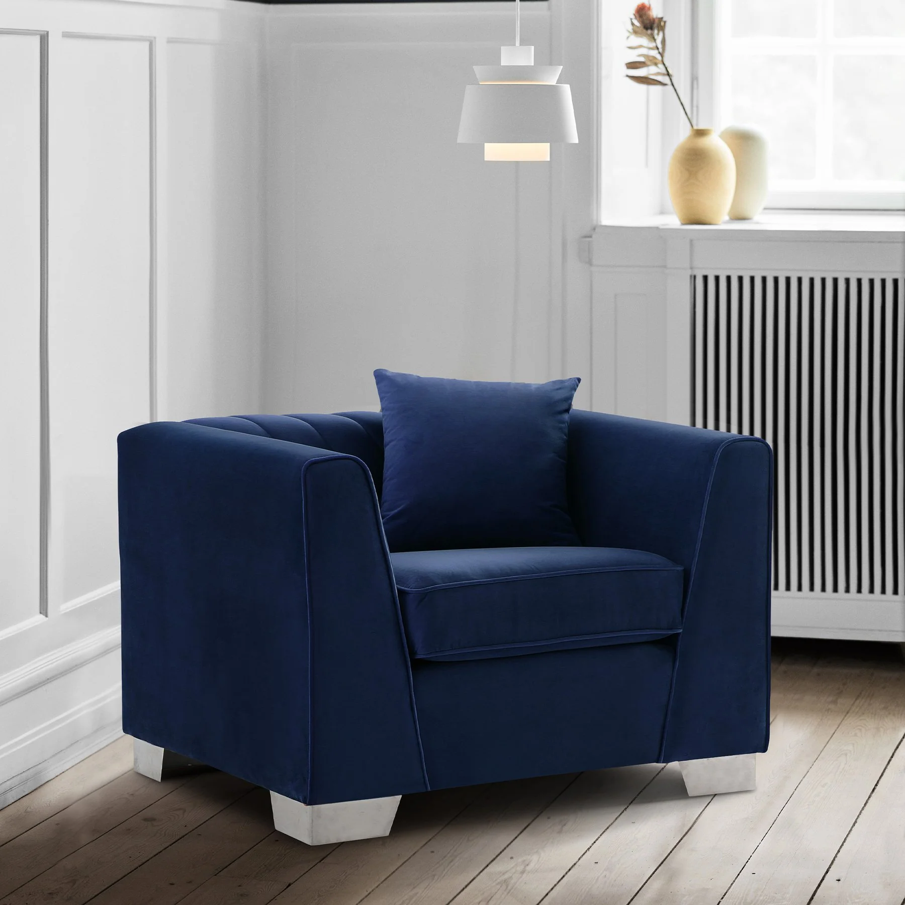 Cambridge Contemporary Chair in Brushed Stainless Steel and Blue Velvet - Image 4