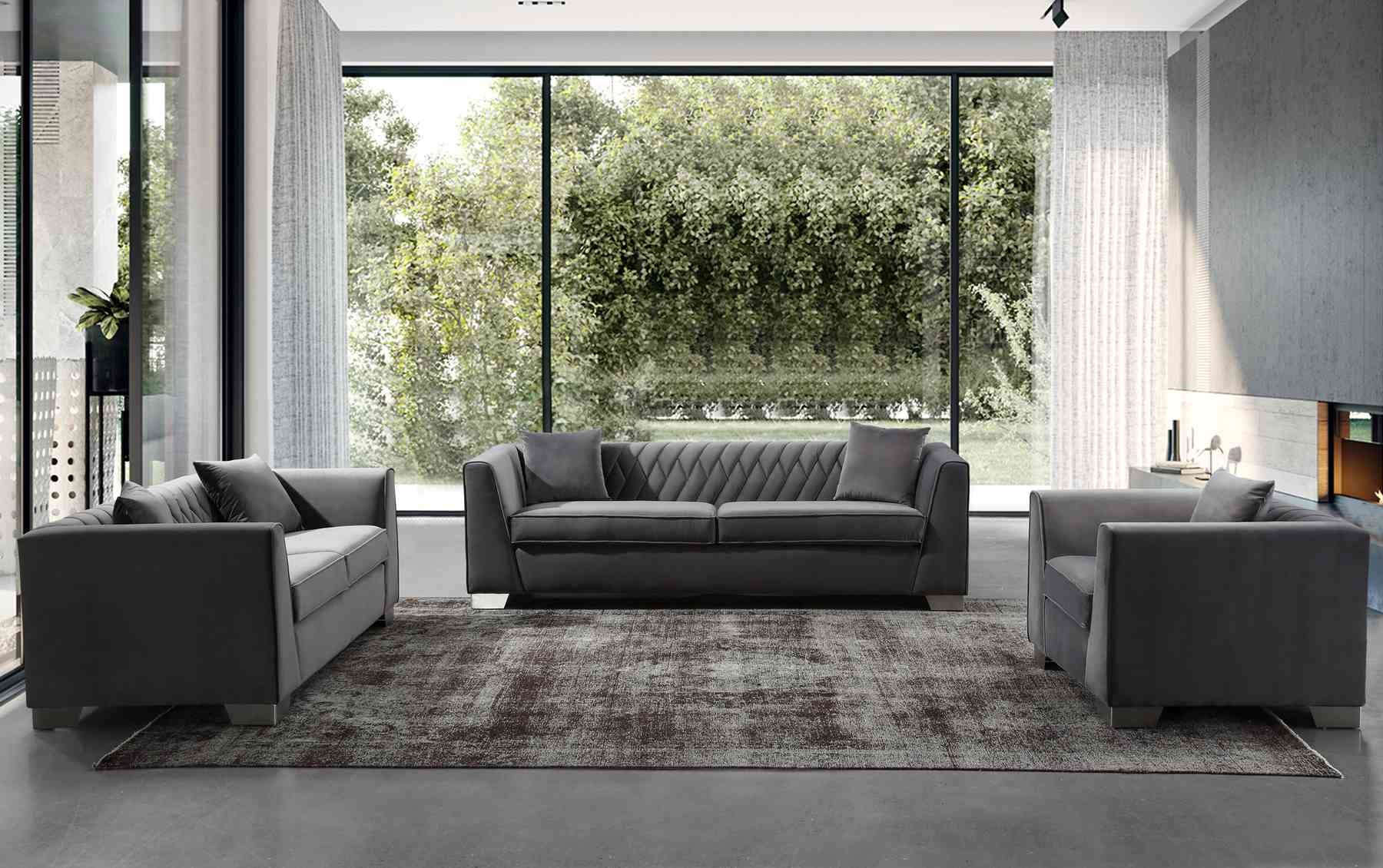 Cambridge Contemporary Sofa Chair in Brushed Stainless Steel and Dark Gray Velvet - Image 3
