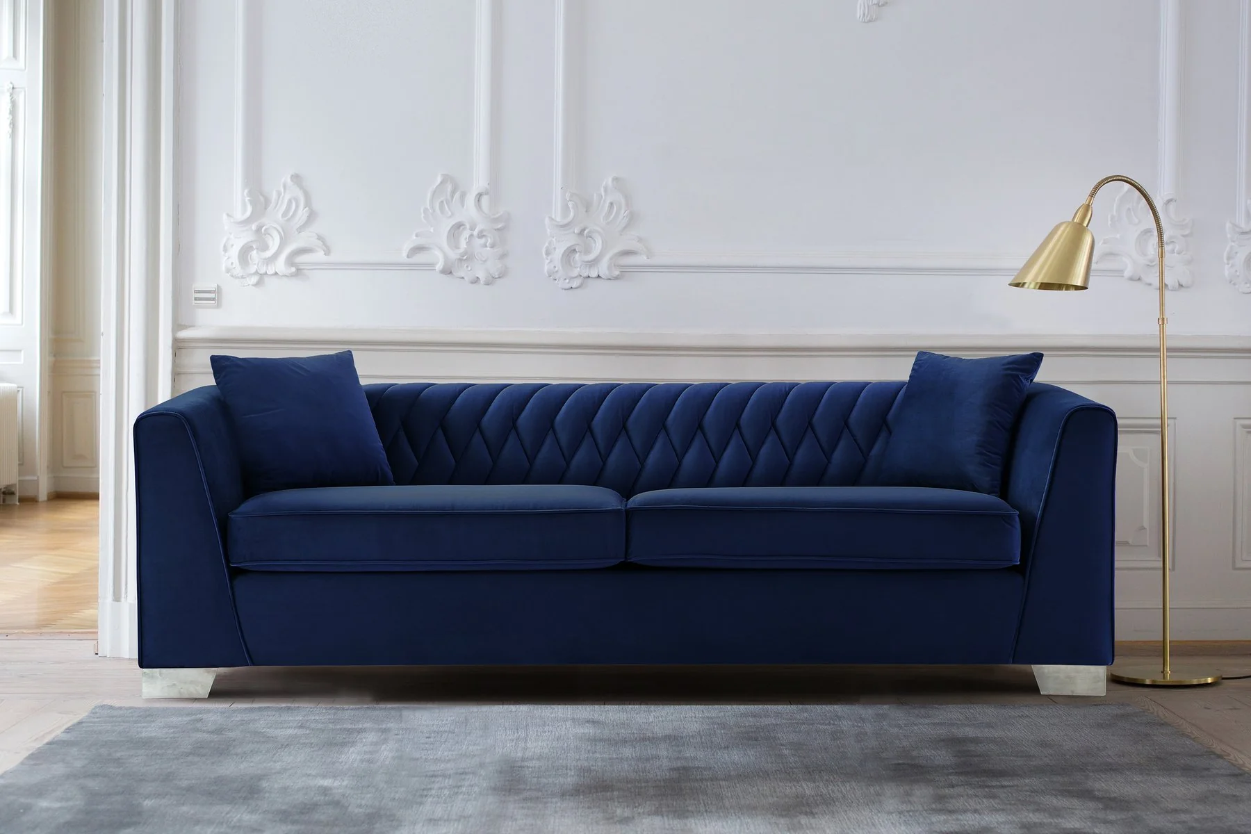 Cambridge Contemporary Sofa in Brushed Stainless Steel and Blue Velvet - Image 4