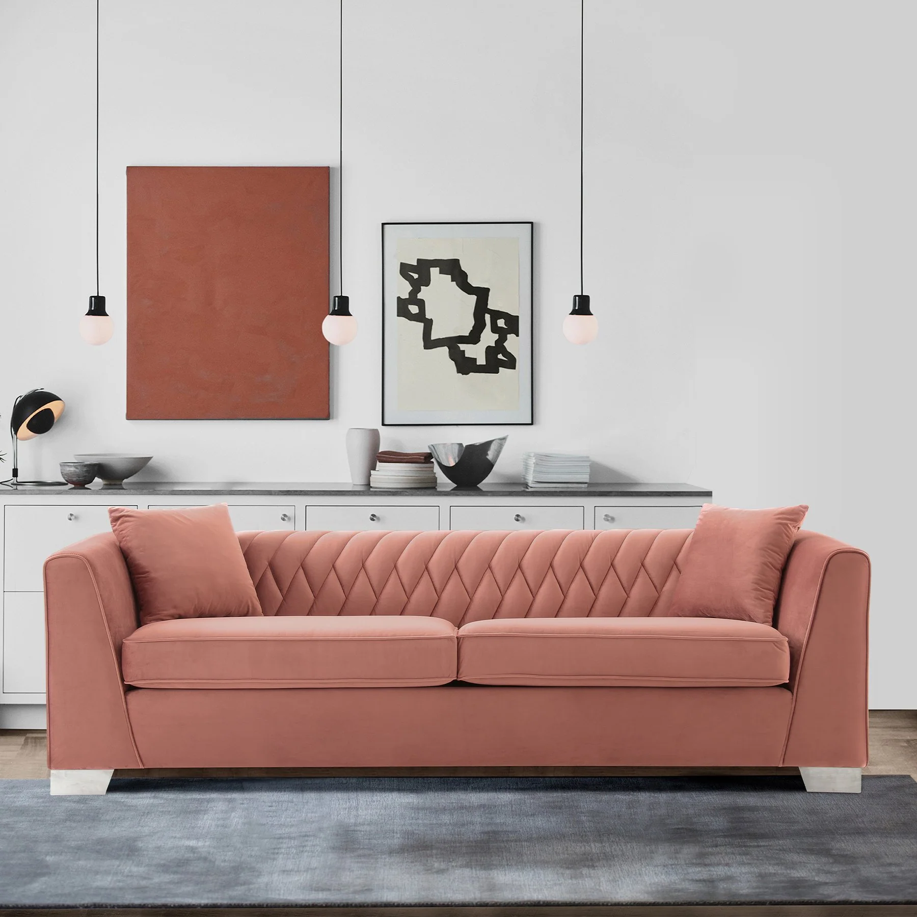 Cambridge Contemporary Sofa in Brushed Stainless Steel and Blush Velvet - Image 4