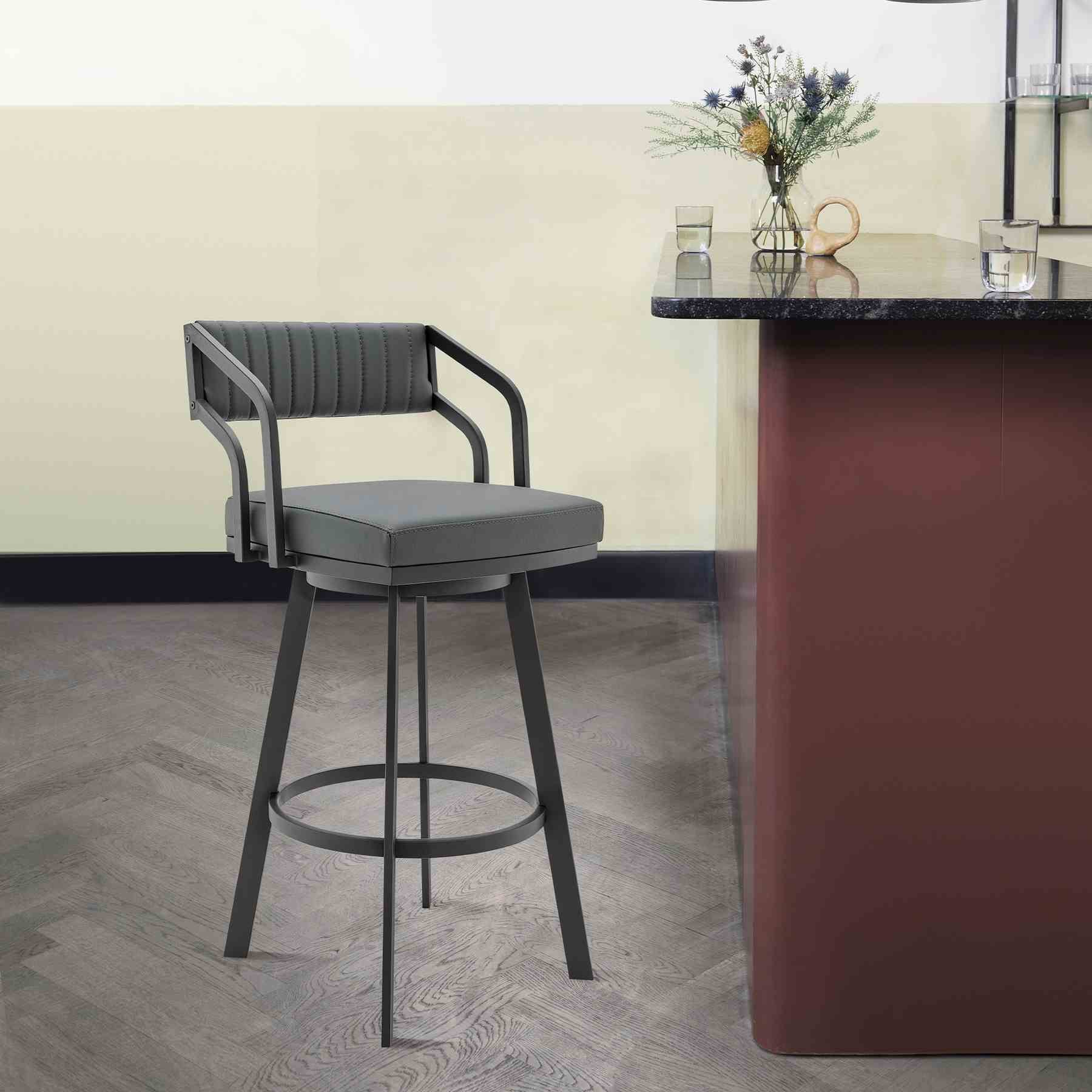 Capri 26" Swivel Modern Black Metal and Slate Gray Faux Leather Bar and Counter Stool - Image 7