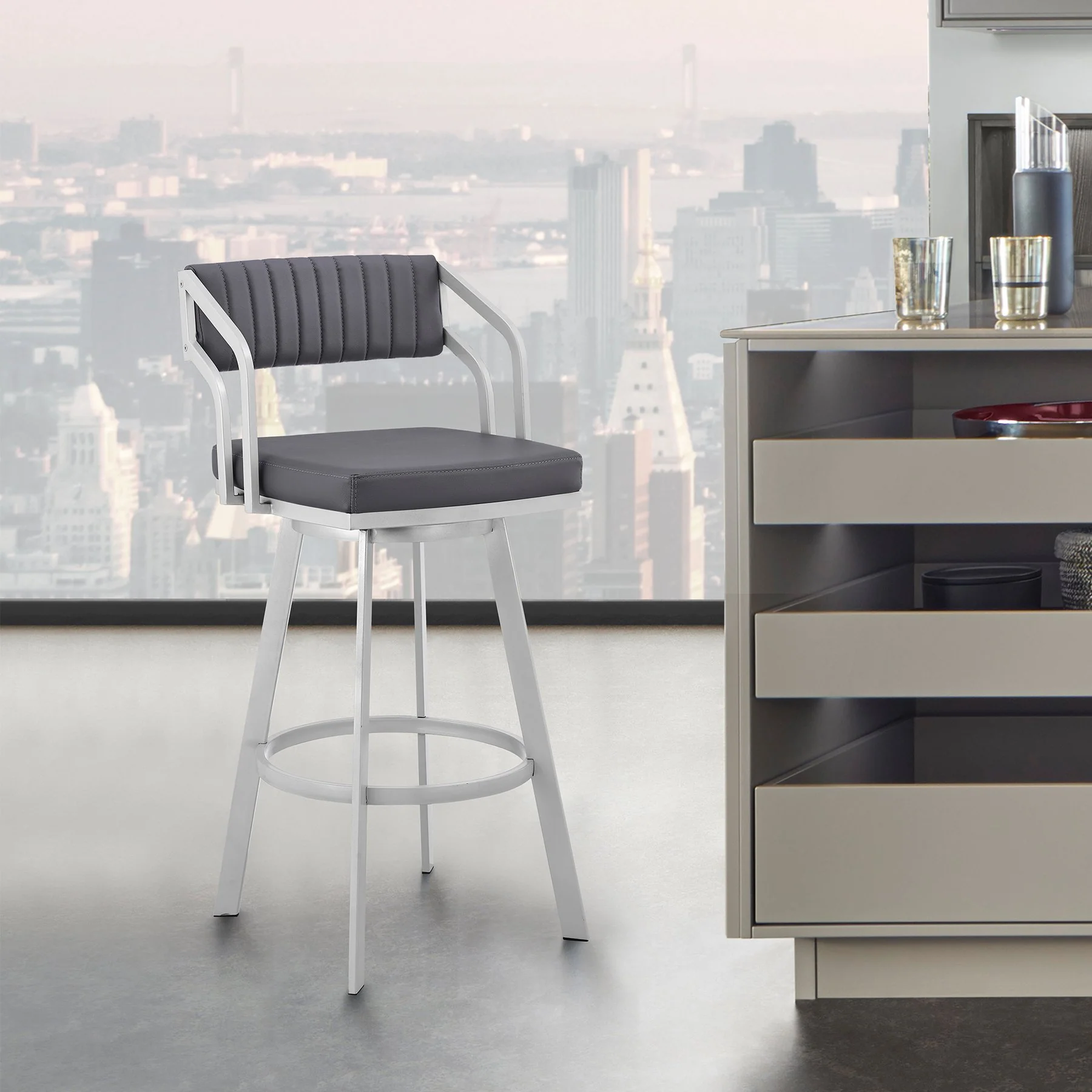 Capri 26" Swivel Slate Gray Faux Leather and Silver Metal Bar Stool - Image 12