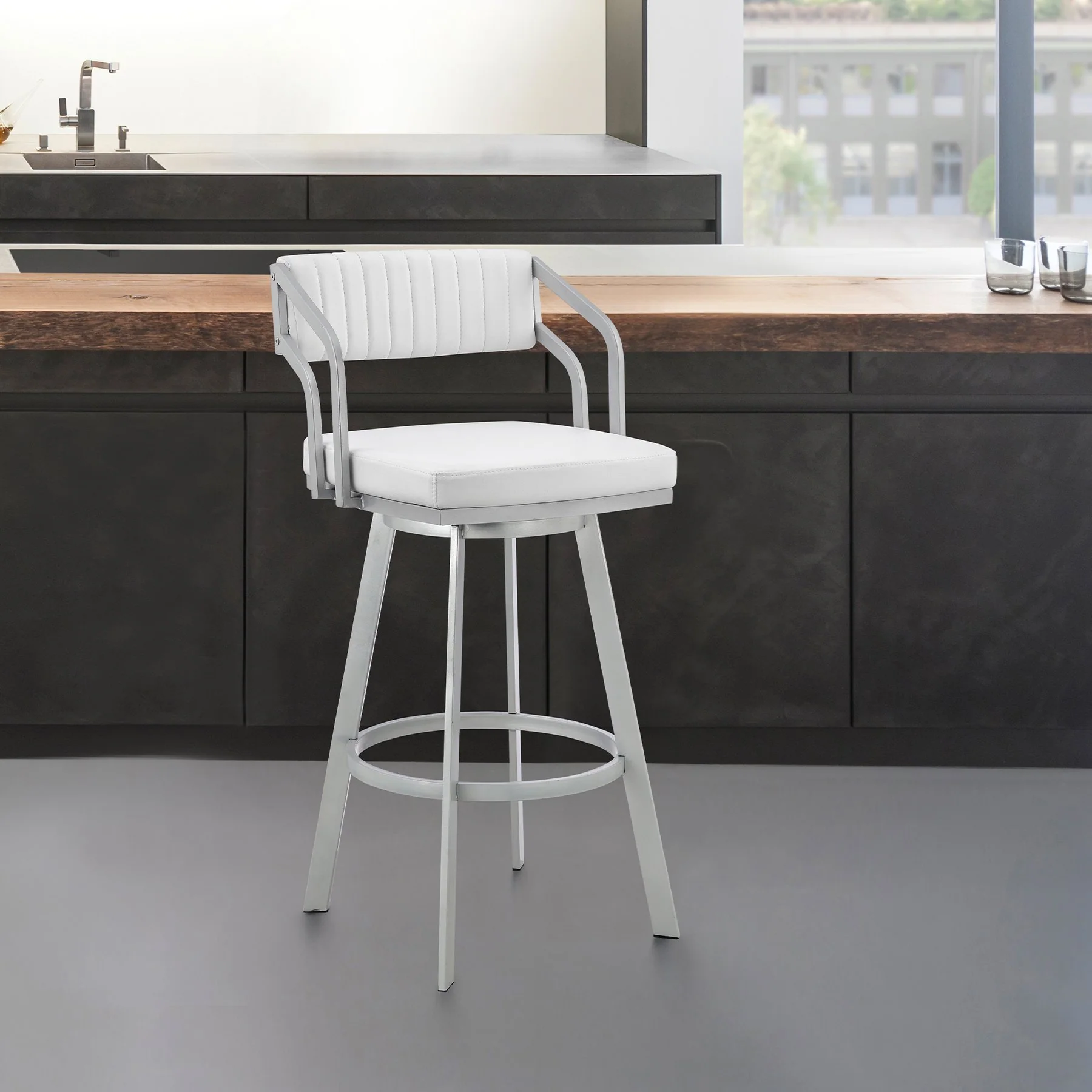 Capri 26" Swivel White Faux Leather and Silver Metal Bar Stool - Image 12