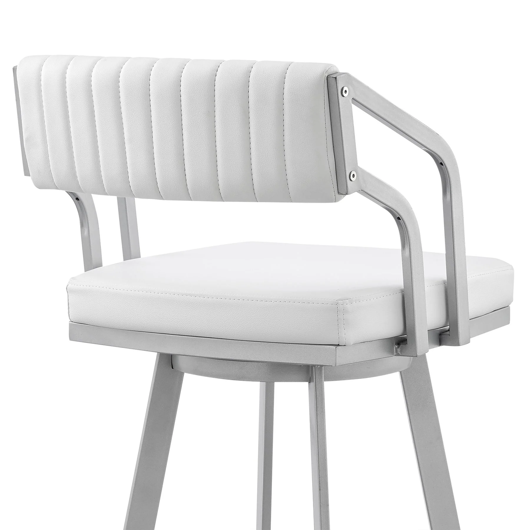 Capri 26" Swivel White Faux Leather and Silver Metal Bar Stool - Image 7