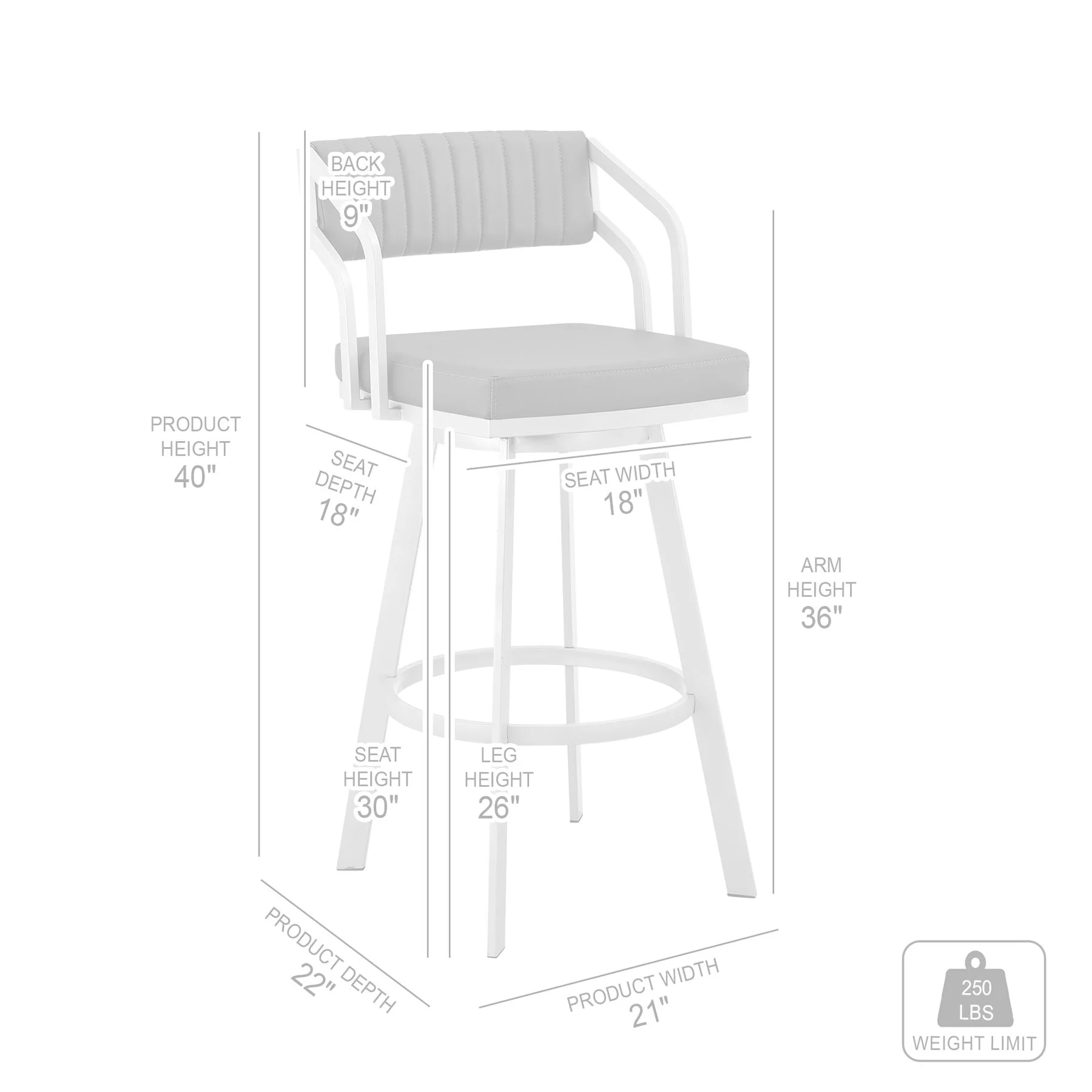 Capri 30" Swivel White Faux Leather and Silver Metal Bar Stool - Image 11