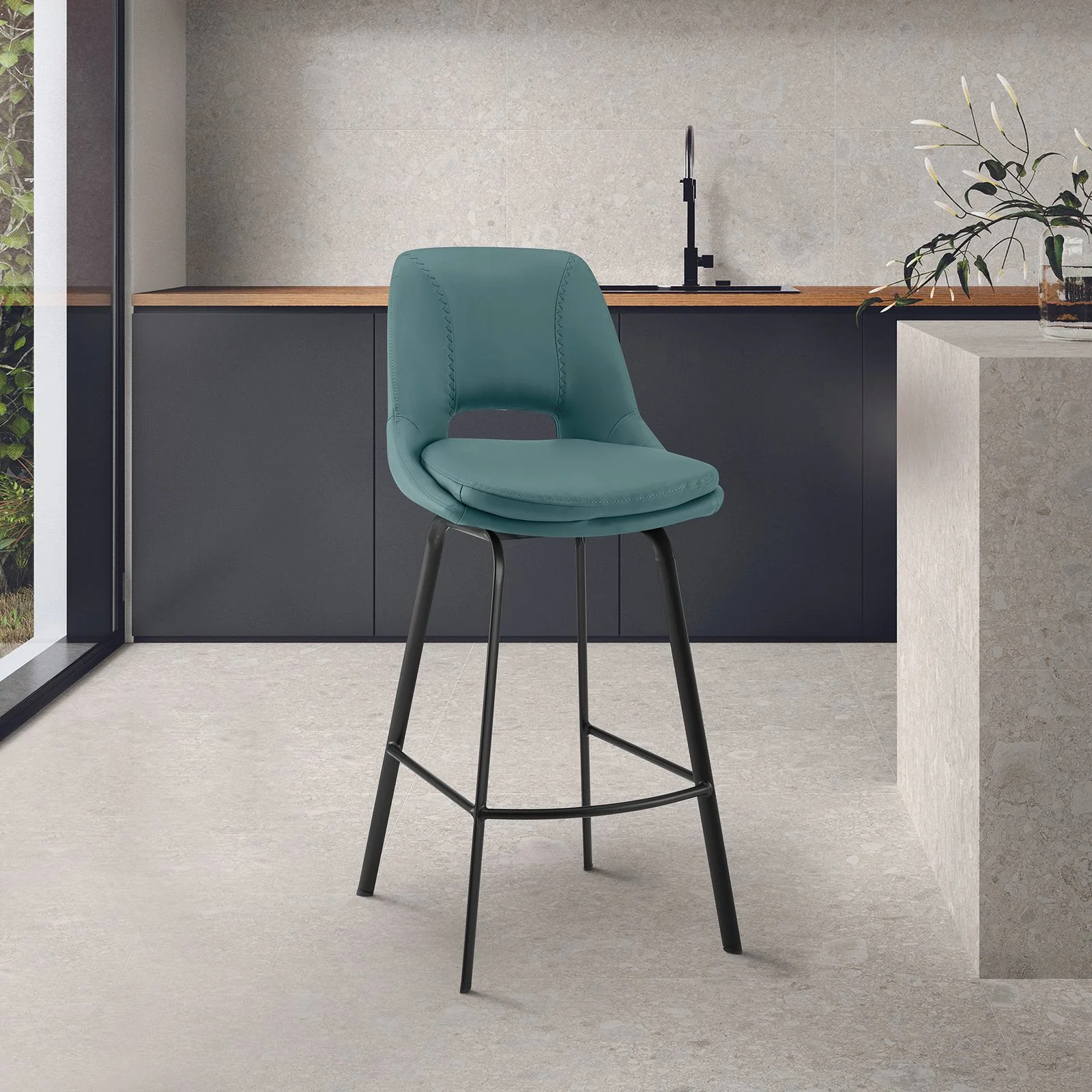 Carise Blue Faux Leather and Black Metal Swivel 30" Bar Stool - Image 11