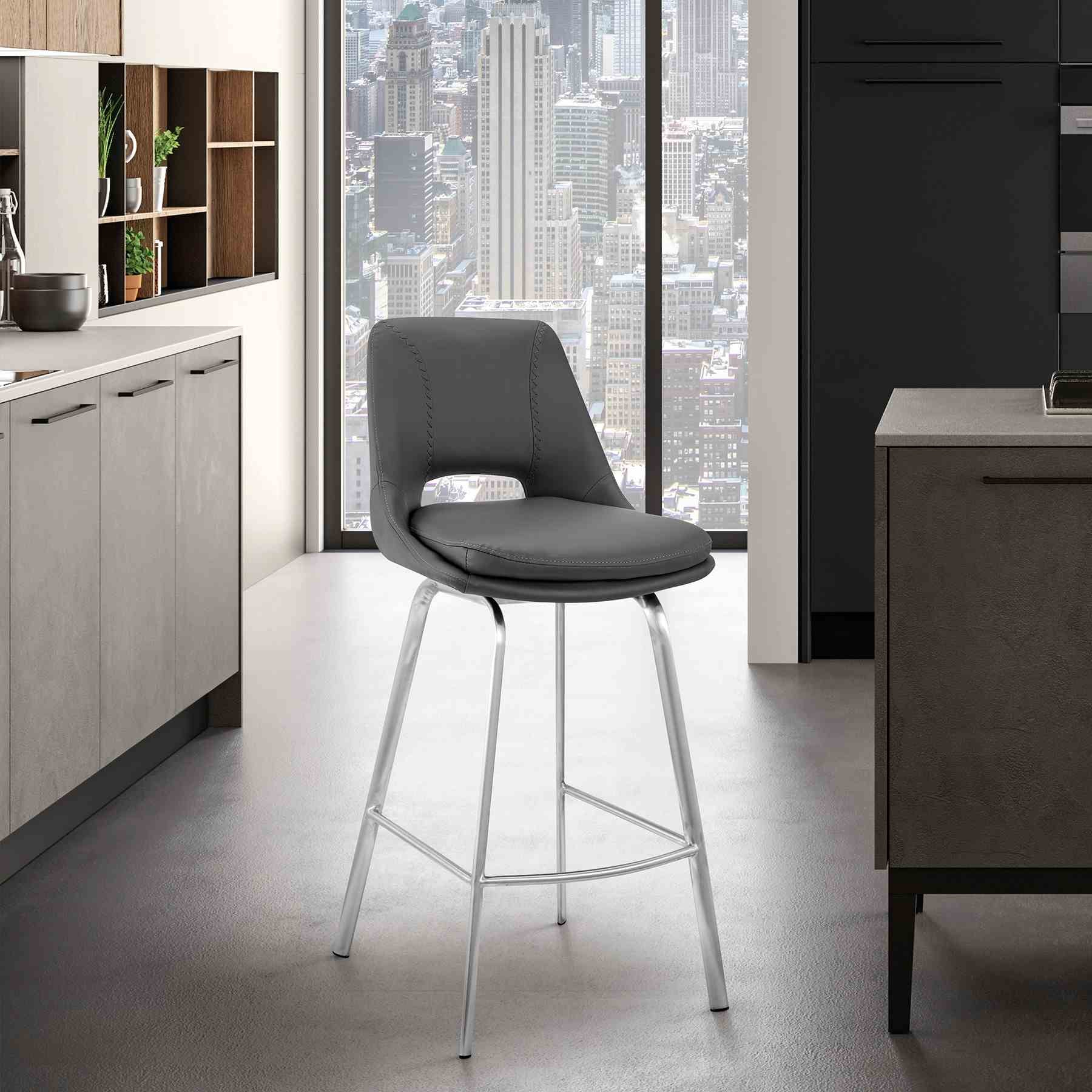 Carise Gray Faux Leather and Brushed Stainless Steel Swivel 26" Counter Stool - Image 11