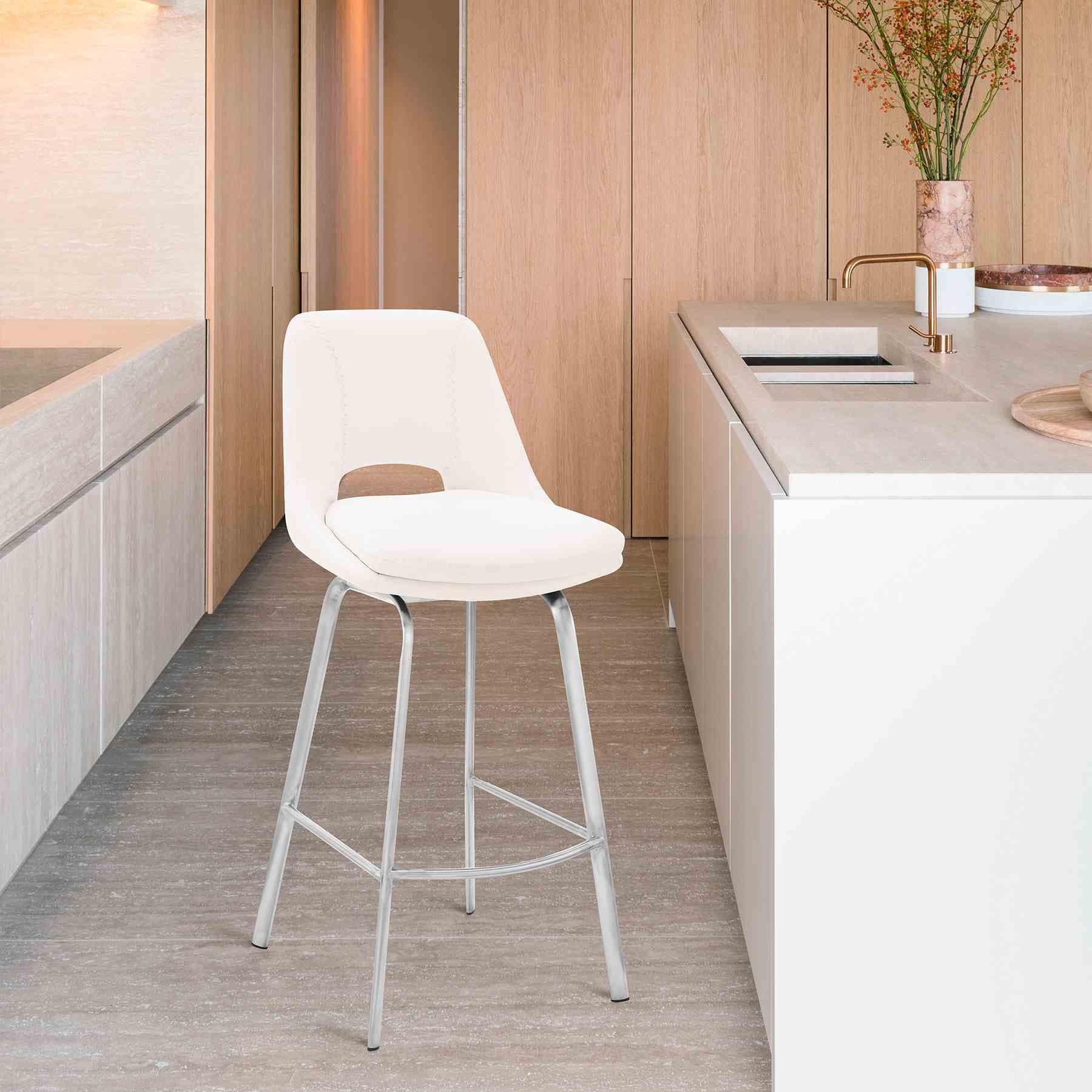 Carise White Faux Leather and Brushed Stainless Steel Swivel 30" Bar Stool - Image 11