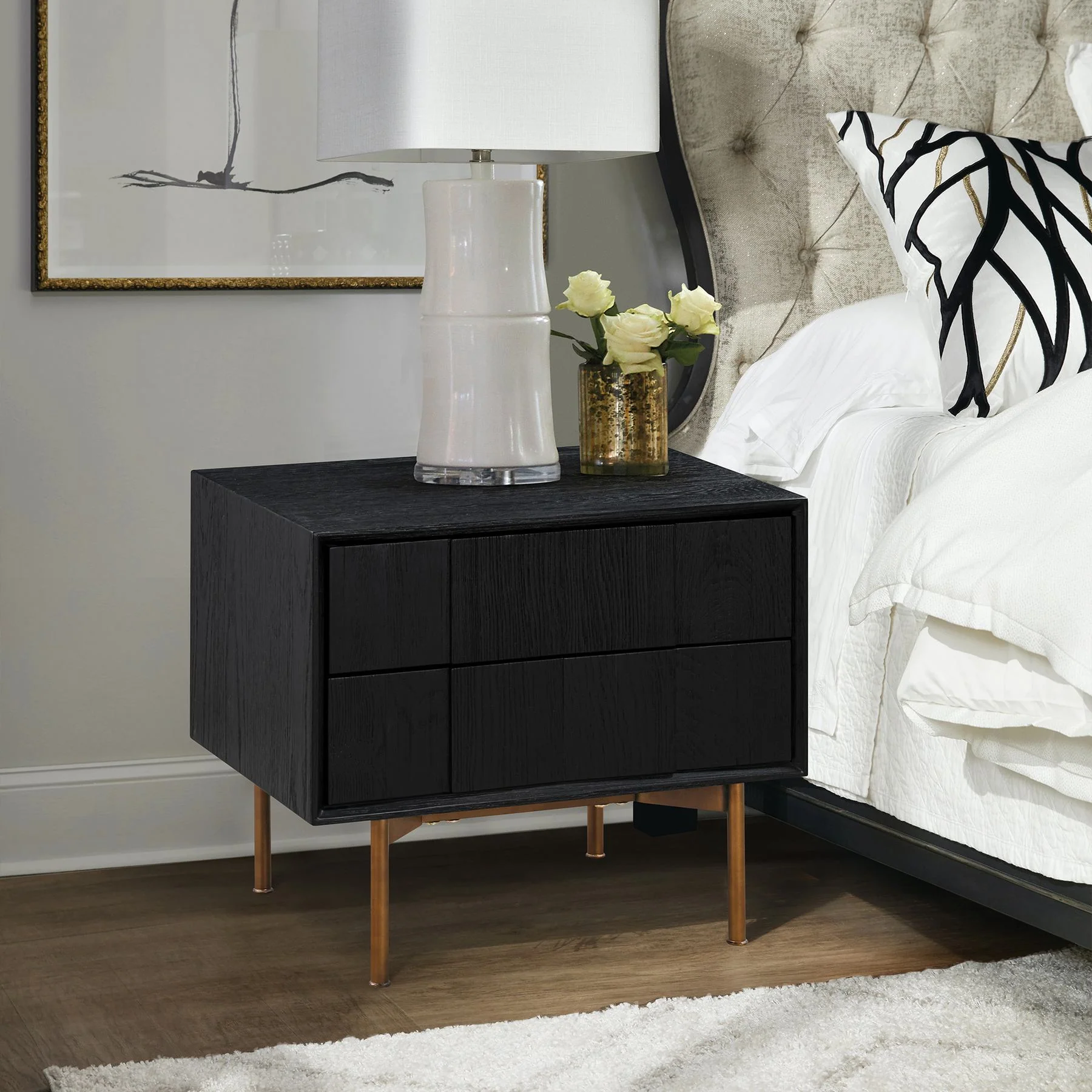 Carnaby 2 Drawer Nightstand in Black Brushed Oak and Bronze - Image 10