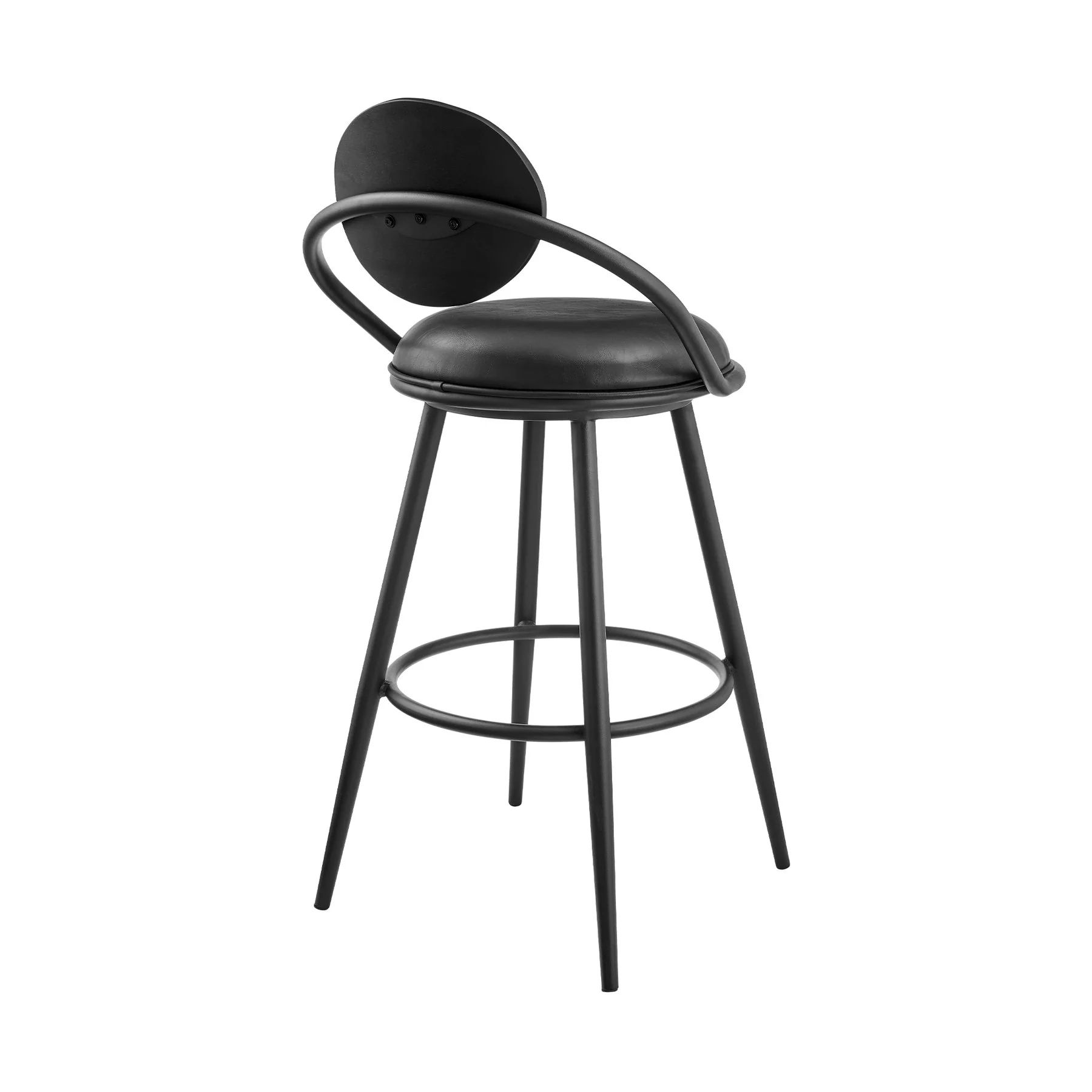 Carnation 26" Swivel Counter Stool in Black Iron with Vintage Black Faux Leather and Black Wood Back - Image 3