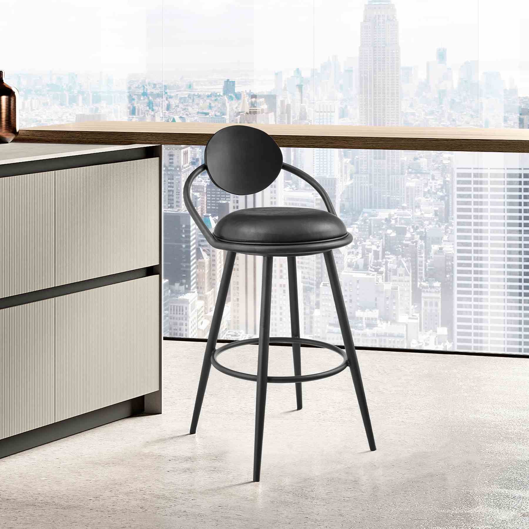 Carnation 30" Swivel Bar Stool in Black Iron with Vintage Black Faux Leather and Black Wood Back - Image 10