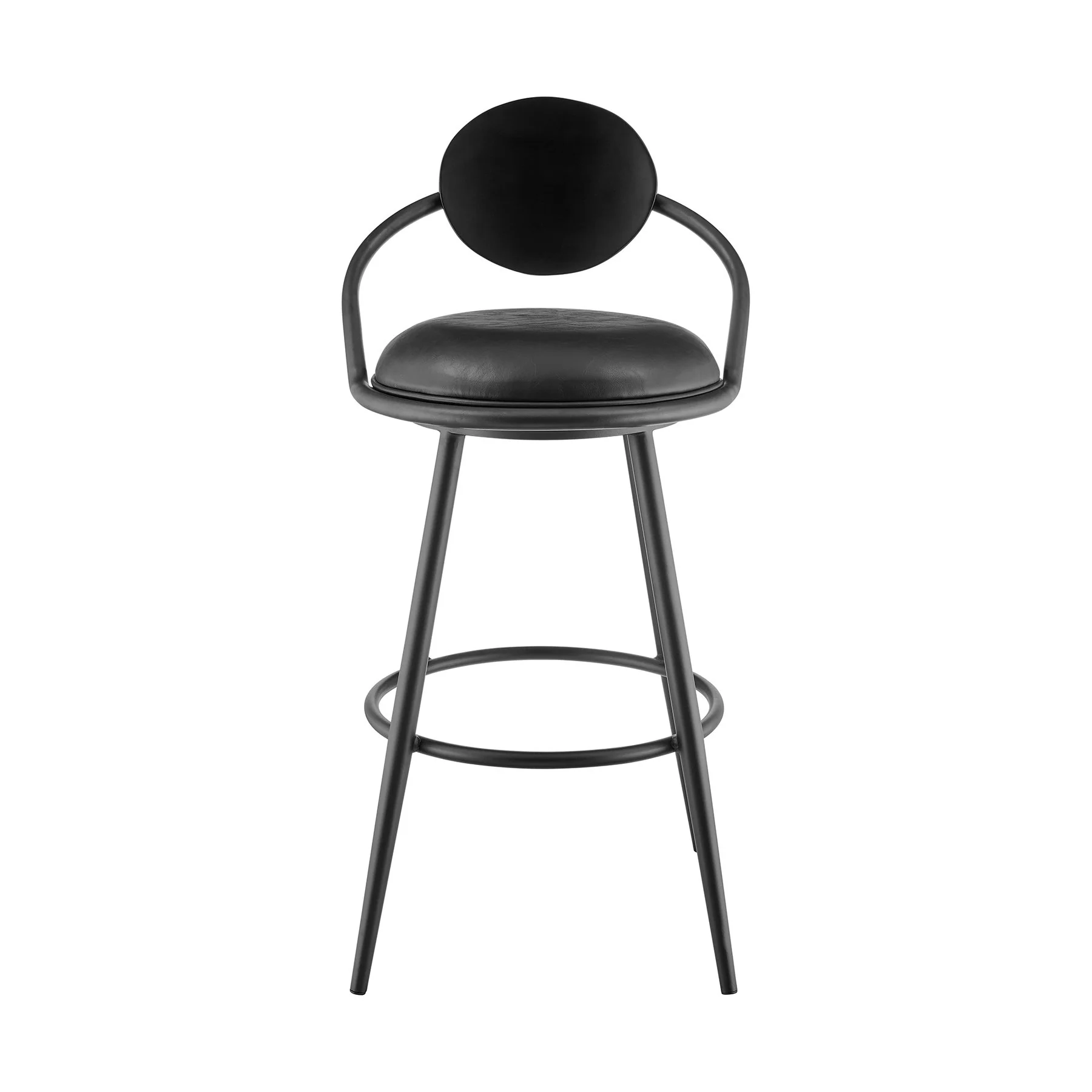 Carnation 30" Swivel Bar Stool in Black Iron with Vintage Black Faux Leather and Black Wood Back - Image 2