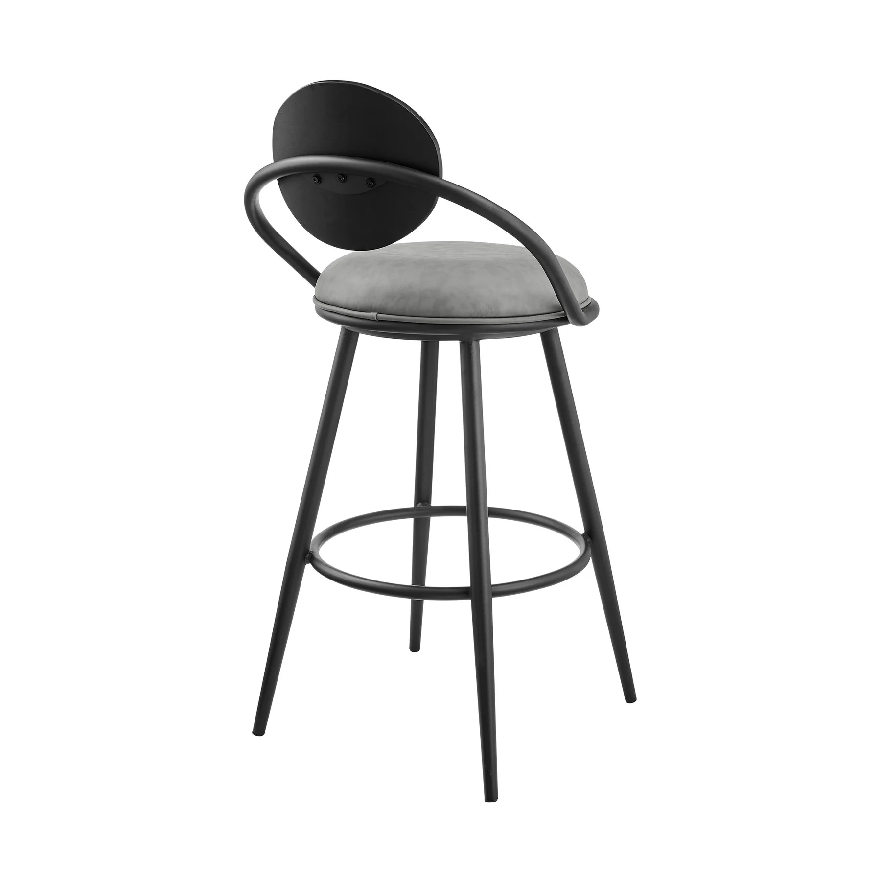 Carnation 30" Swivel Bar Stool in Black Iron with Vintage Gray Faux Leather and Black Wood Back - Image 3