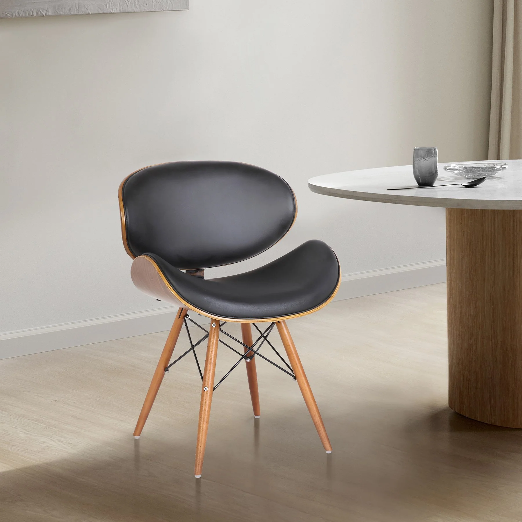Cassie Mid-Century Dining Chair in Walnut Wood and Black Faux Leather - Image 7