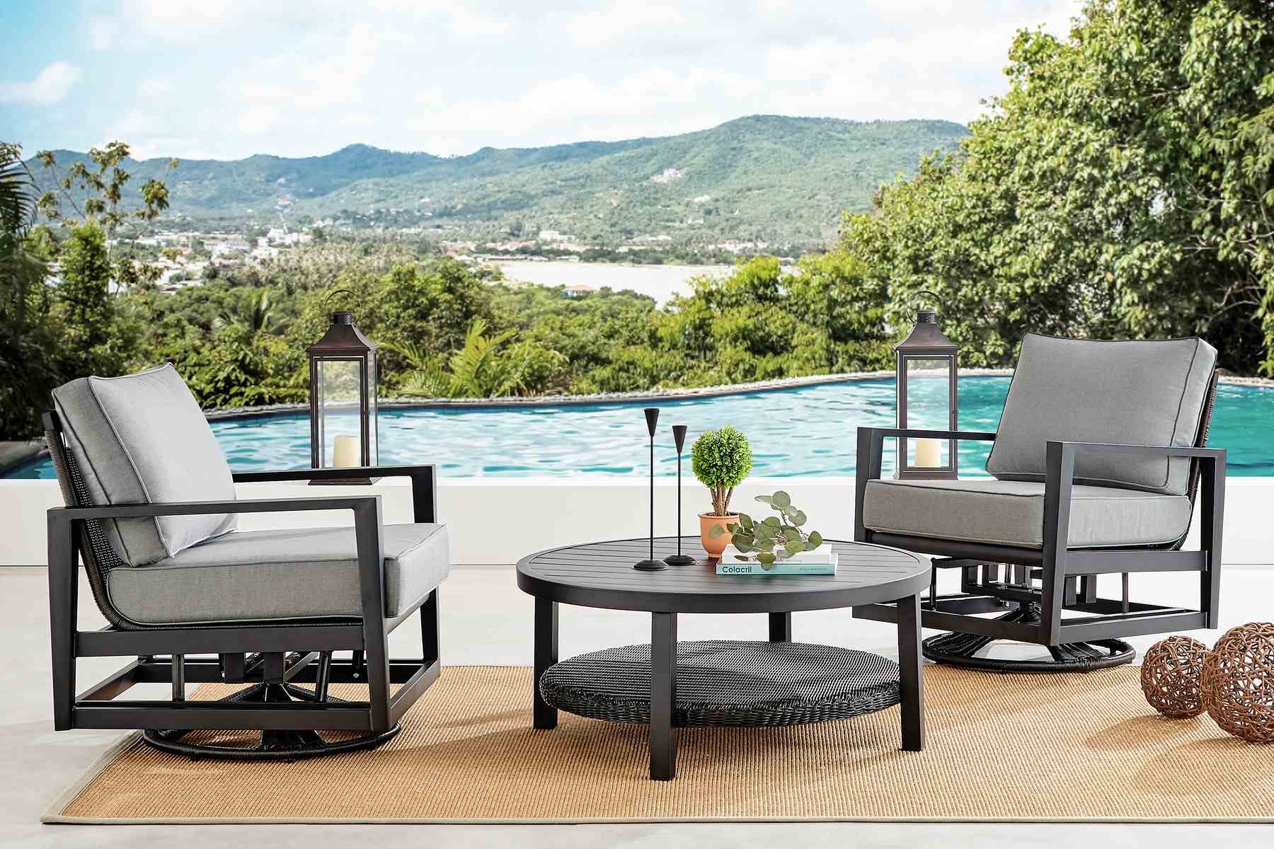 Cayman 3 Piece Black Aluminum Outdoor Seating Set with Dark Gray Cushions - Image 9