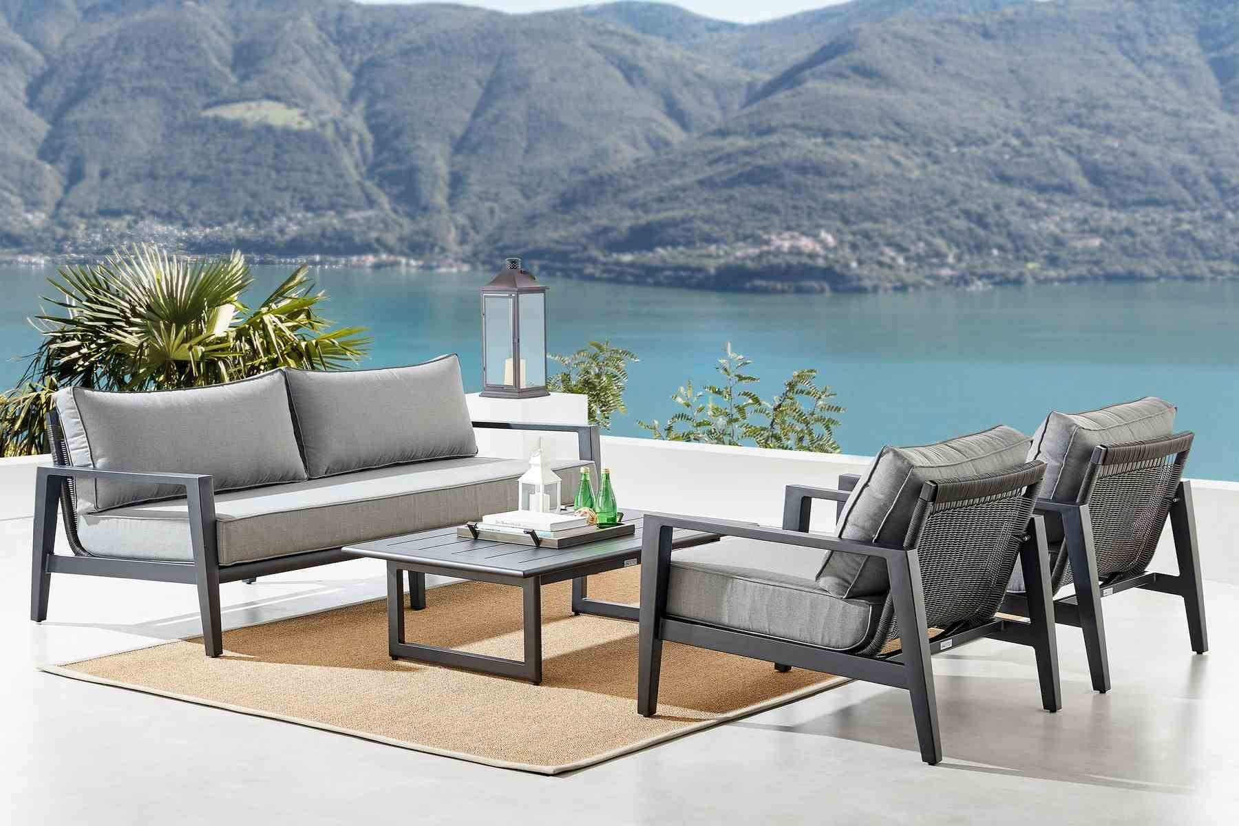 Cayman 4 Piece Black Aluminum Outdoor Seating Set with Dark Gray Cushions - Image 9