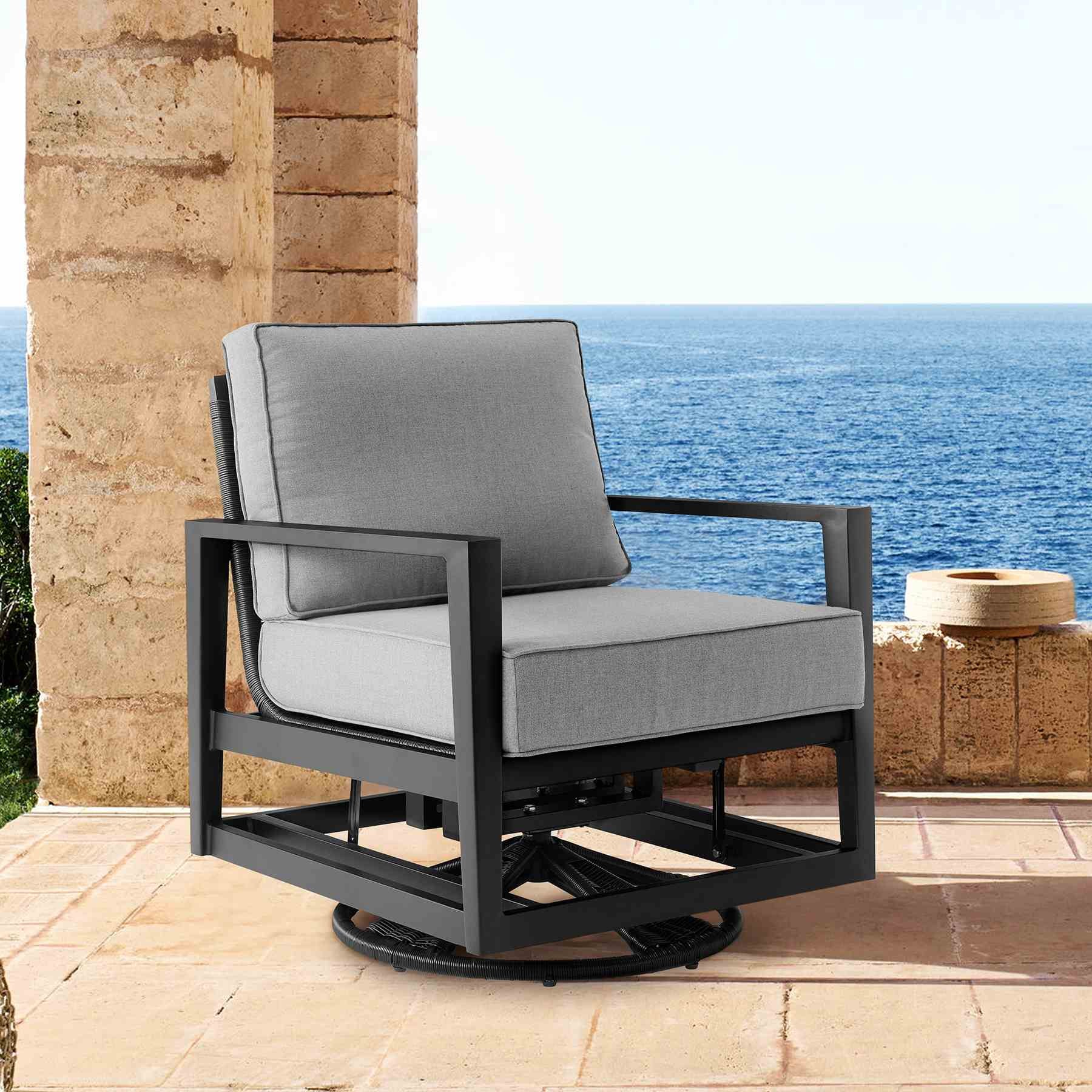 Cayman Black Aluminum Outdoor Swivel Glider Chair with Dark Gray Cushions - Image 8