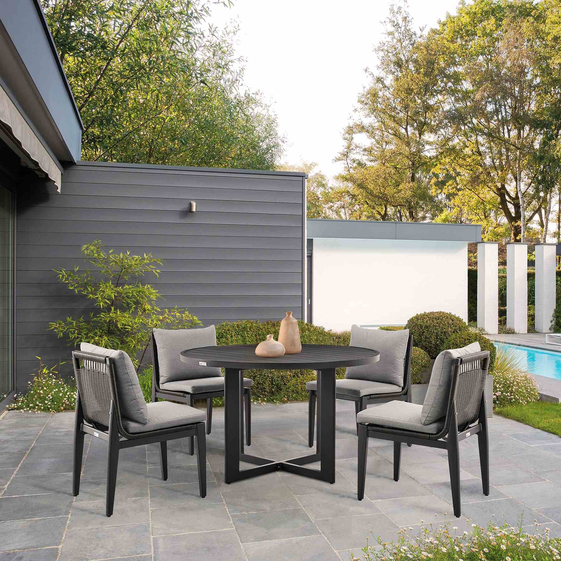 Cayman Outdoor Patio 5-Piece Round Dining Table Set in Aluminum with Gray Cushions - Image 12