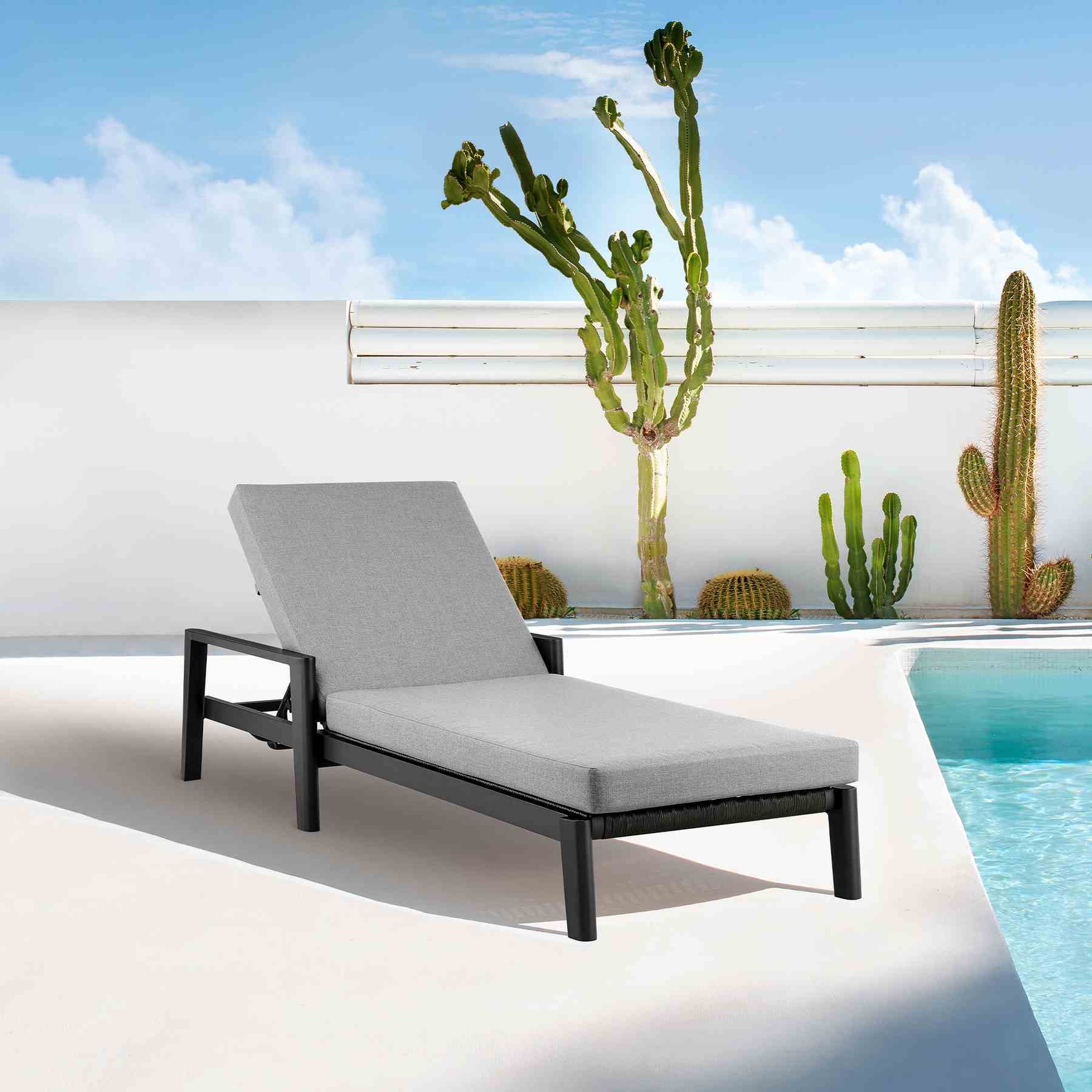 Cayman Outdoor Patio Adjustable Chaise Lounge Chair in Aluminum with Gray Cushions - Image 11