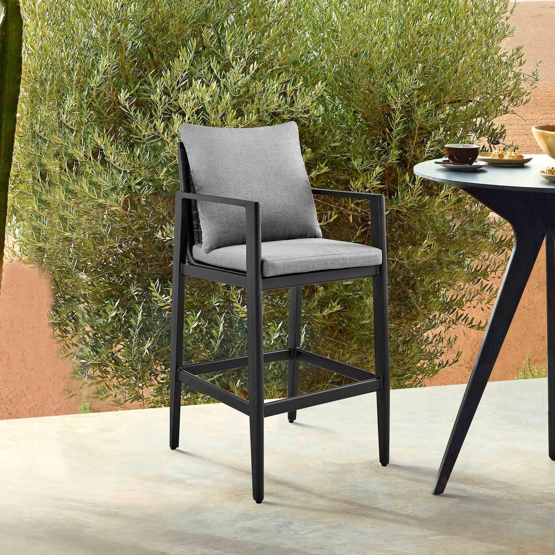 Cayman Outdoor Patio Bar Stool in Aluminum with Gray Cushions - Image 9