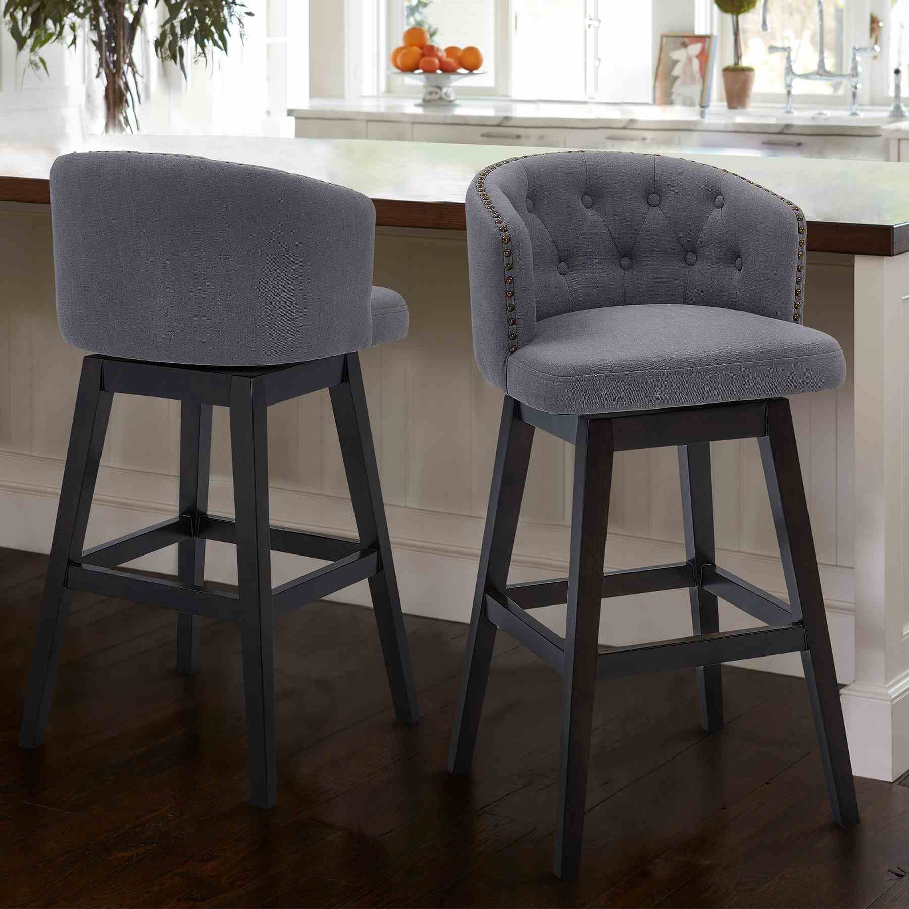 Celine 30" Bar Height Swivel Gray Fabric and Espresso Wood Bar Stool - Image 8