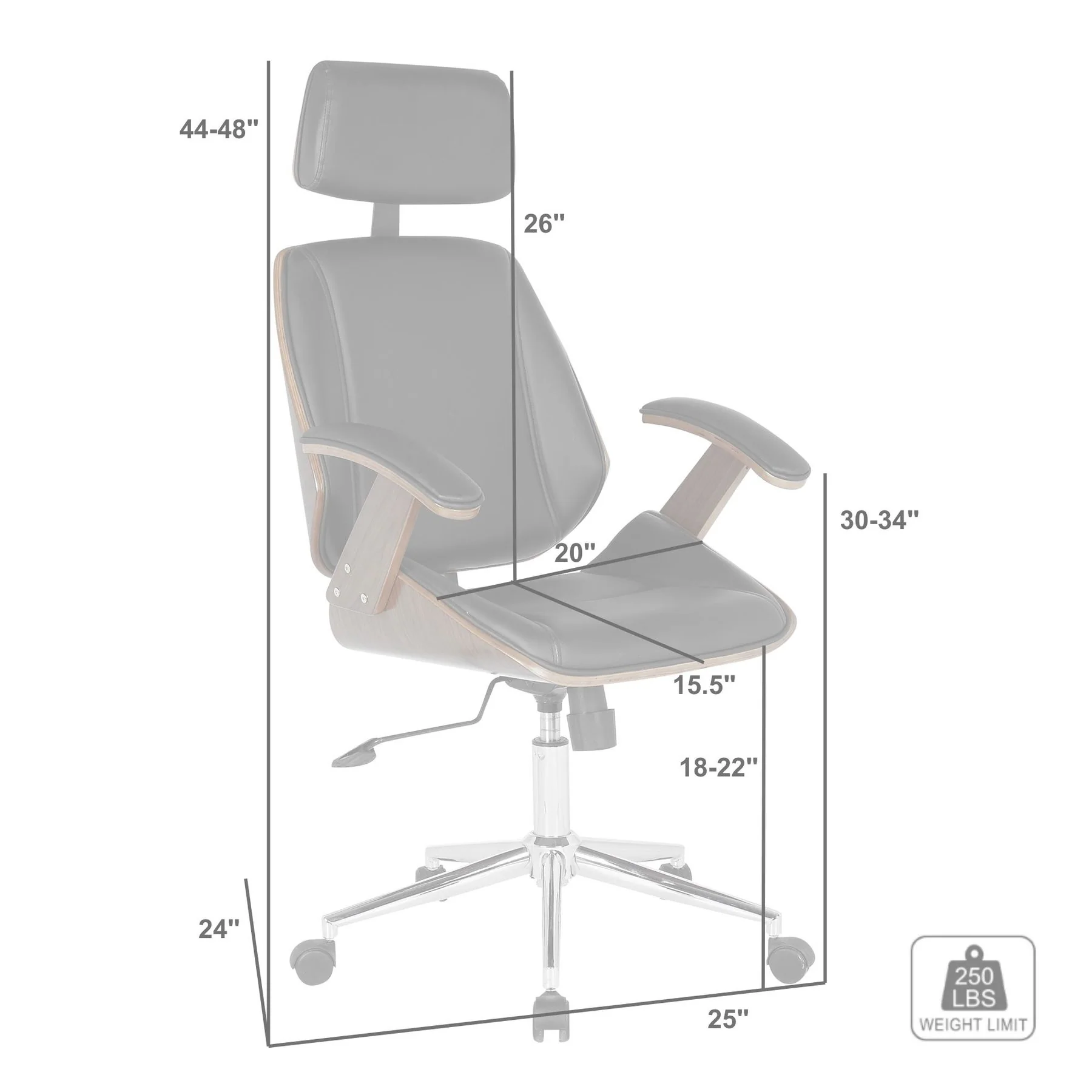 Century Office Chair with Multifunctional Mechanism in Chrome finish with Black Faux Leather and Walnut Veneer Back - Image 5