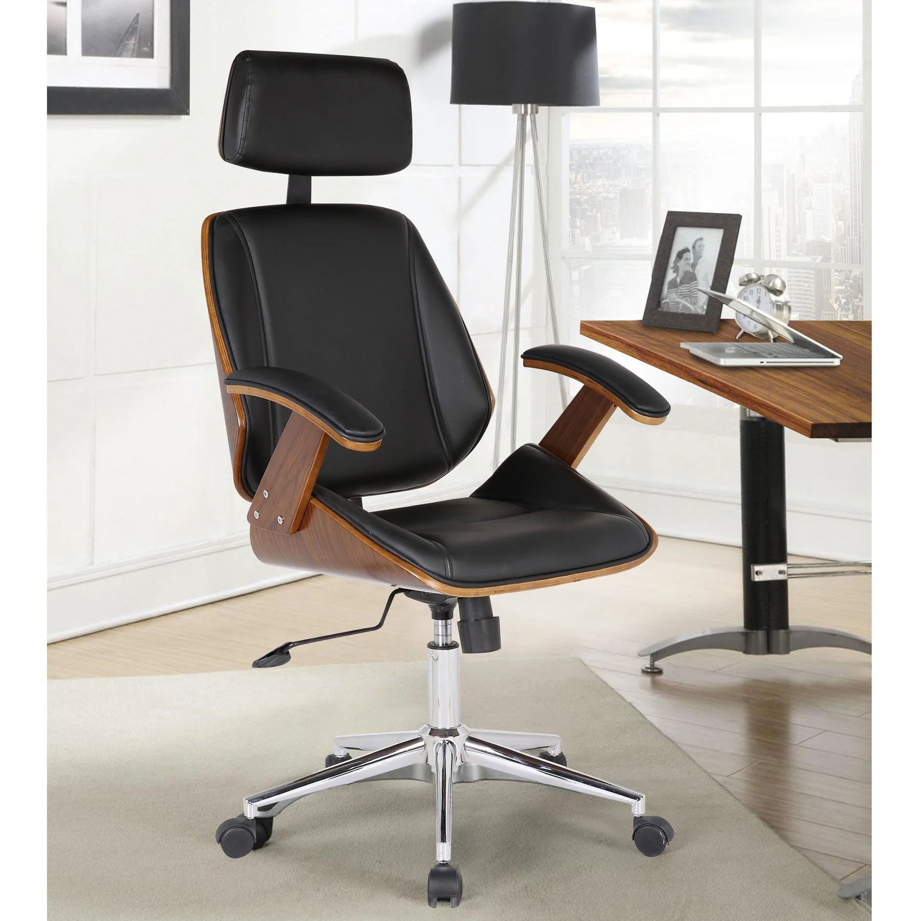 Century Office Chair with Multifunctional Mechanism in Chrome finish with Black Faux Leather and Walnut Veneer Back - Image 6