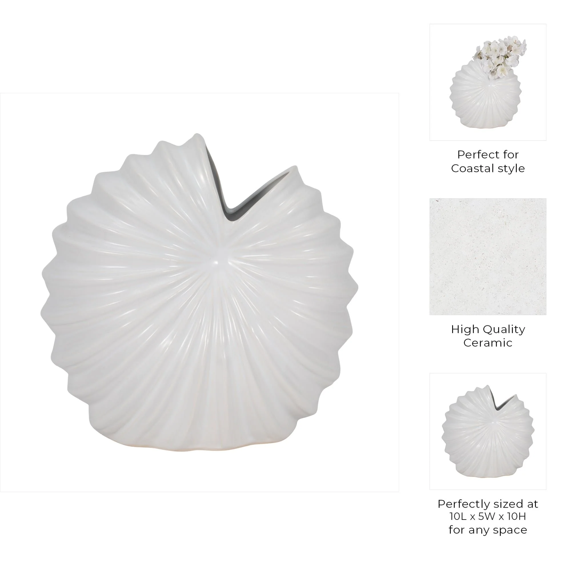 Cer, 10" Shell Vase, White - Image 10