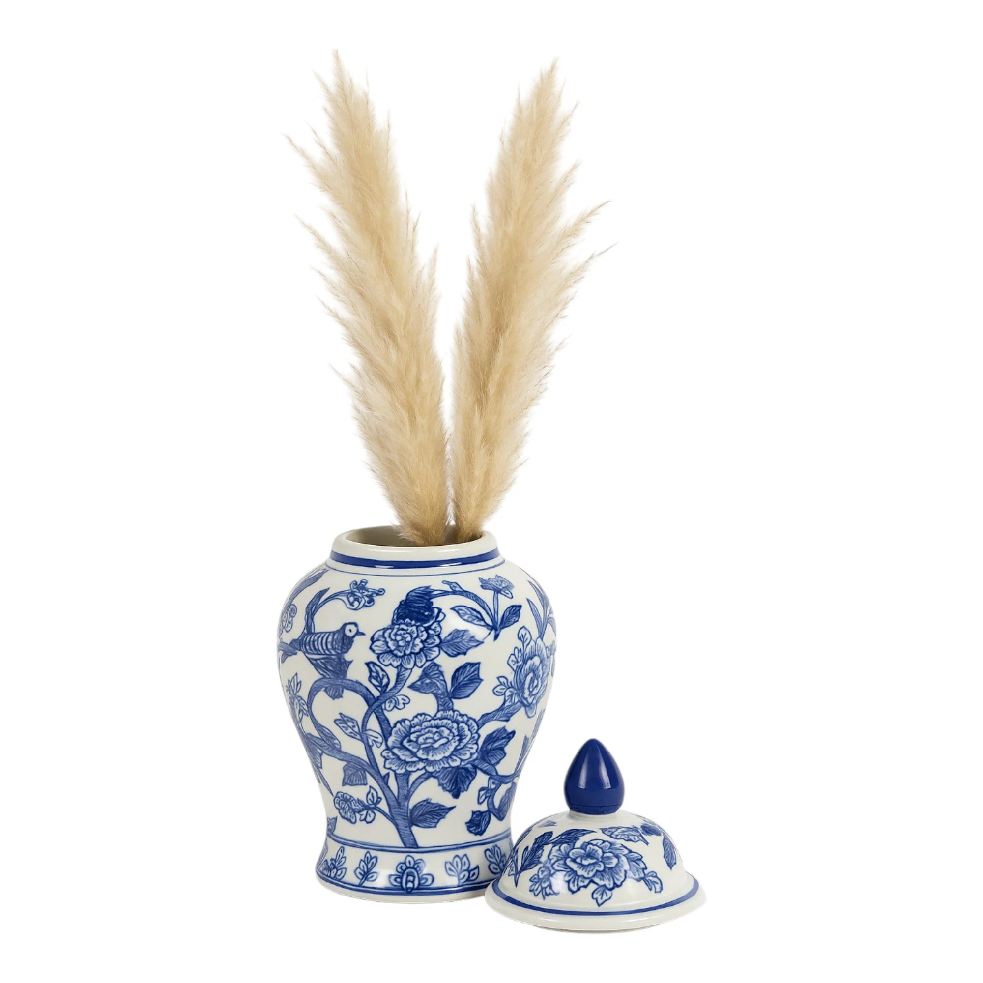 Cer, 10" Temple Jar Bird/flower, Blue - Image 2