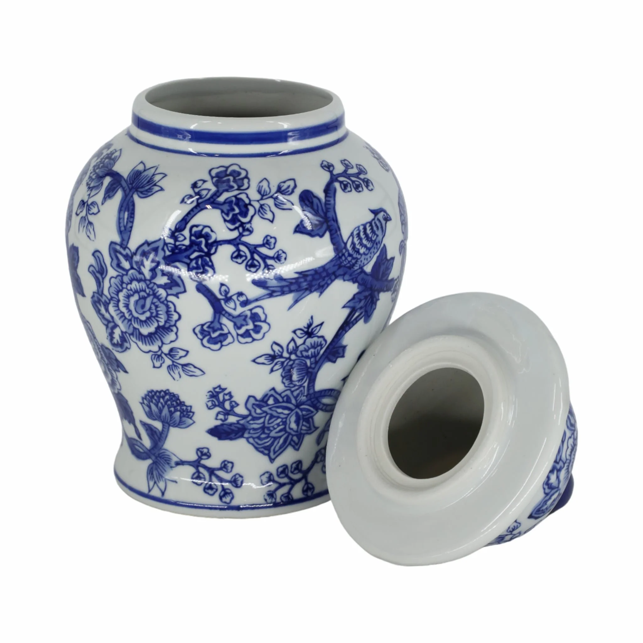 Cer, 10" Temple Jar Bird/flower, Blue - Image 4