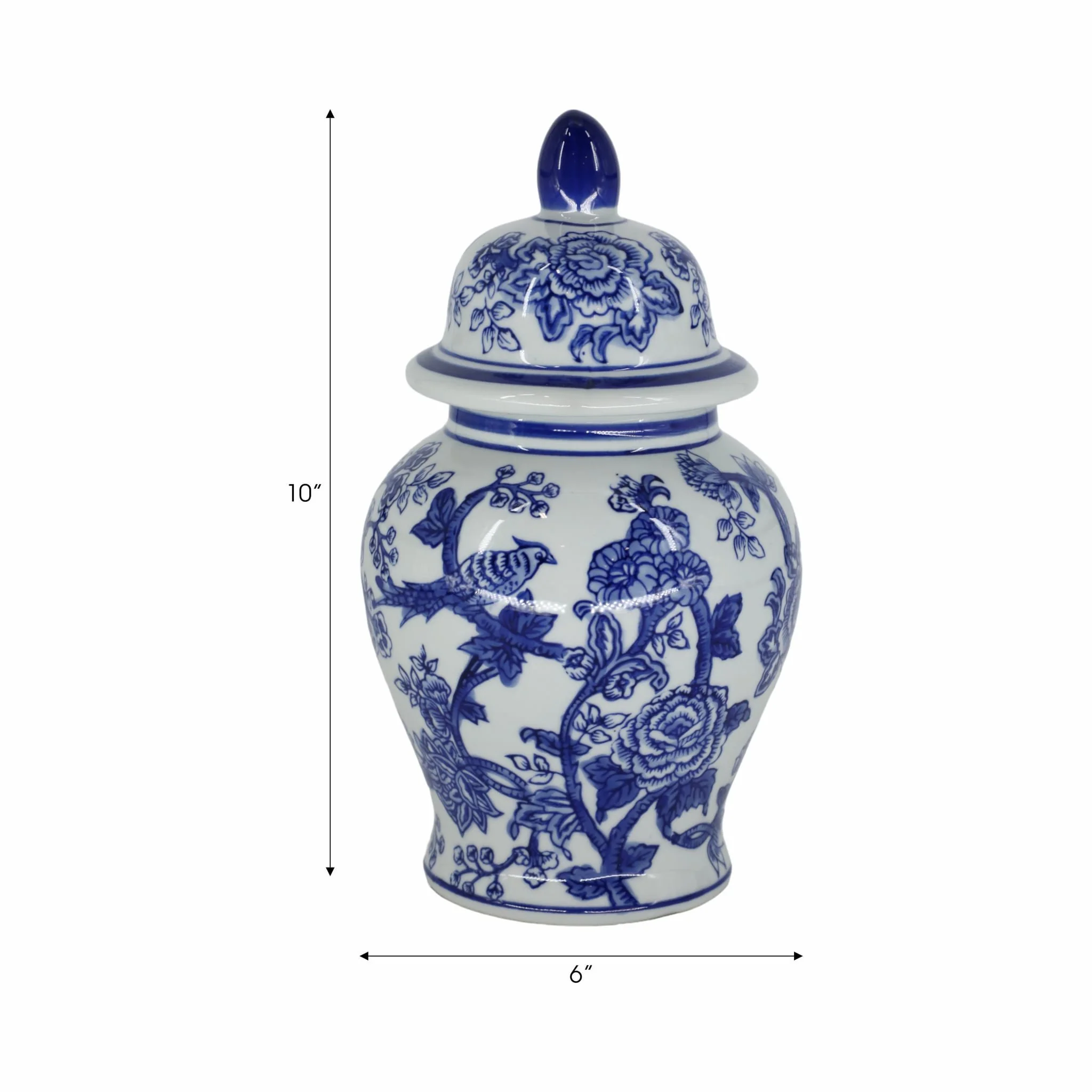 Cer, 10" Temple Jar Bird/flower, Blue - Image 8