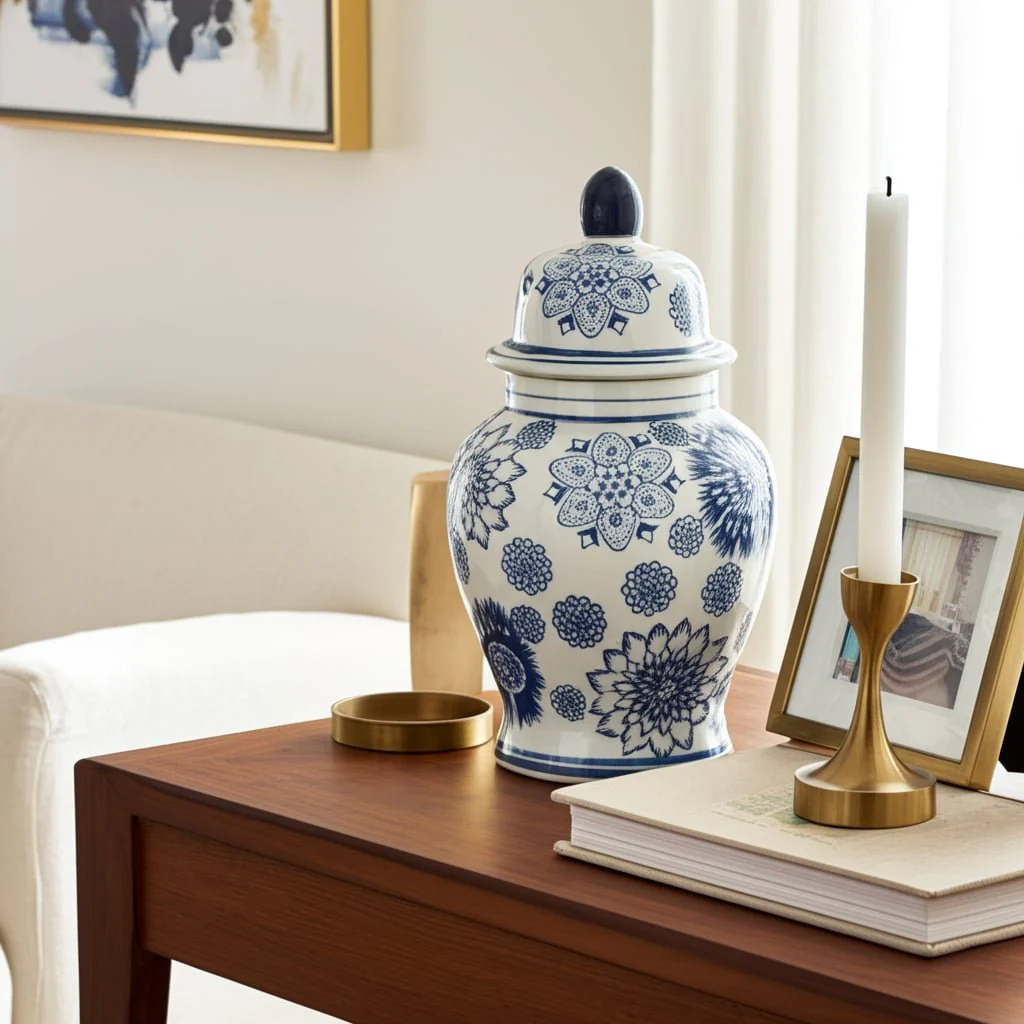Cer, 10"h Asstd Flowers Temple Jar, Blue - Image 10