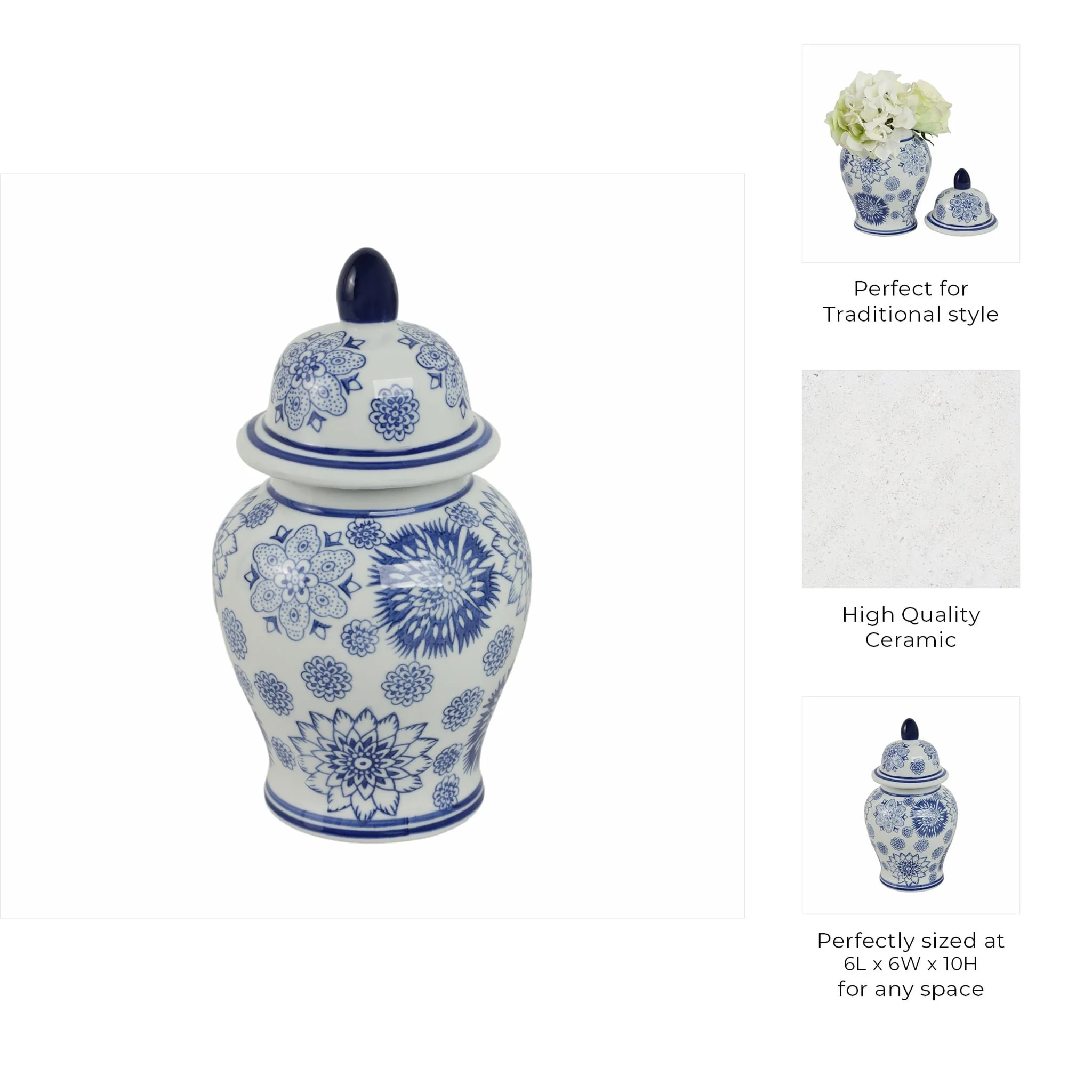 Cer, 10"h Asstd Flowers Temple Jar, Blue - Image 9