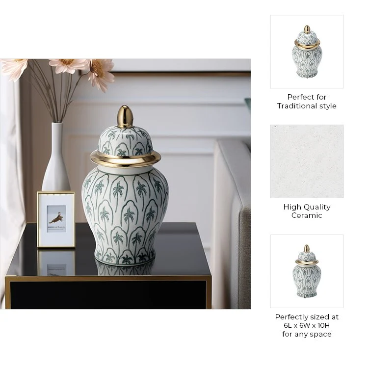 Cer, 10"h Temple Jar, Green/gold - Image 10