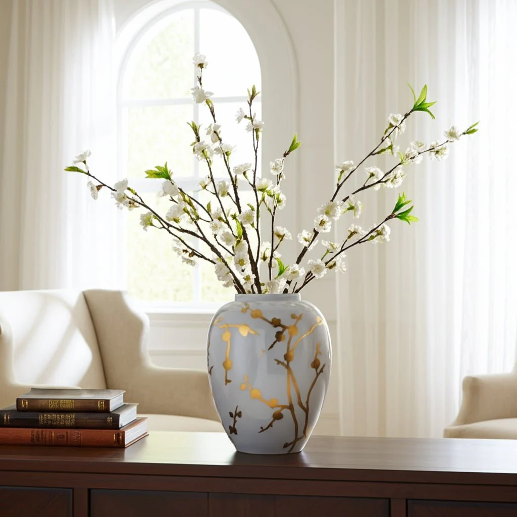 Cer 10"h, Vase W/ Gold Decal, White - Image 11