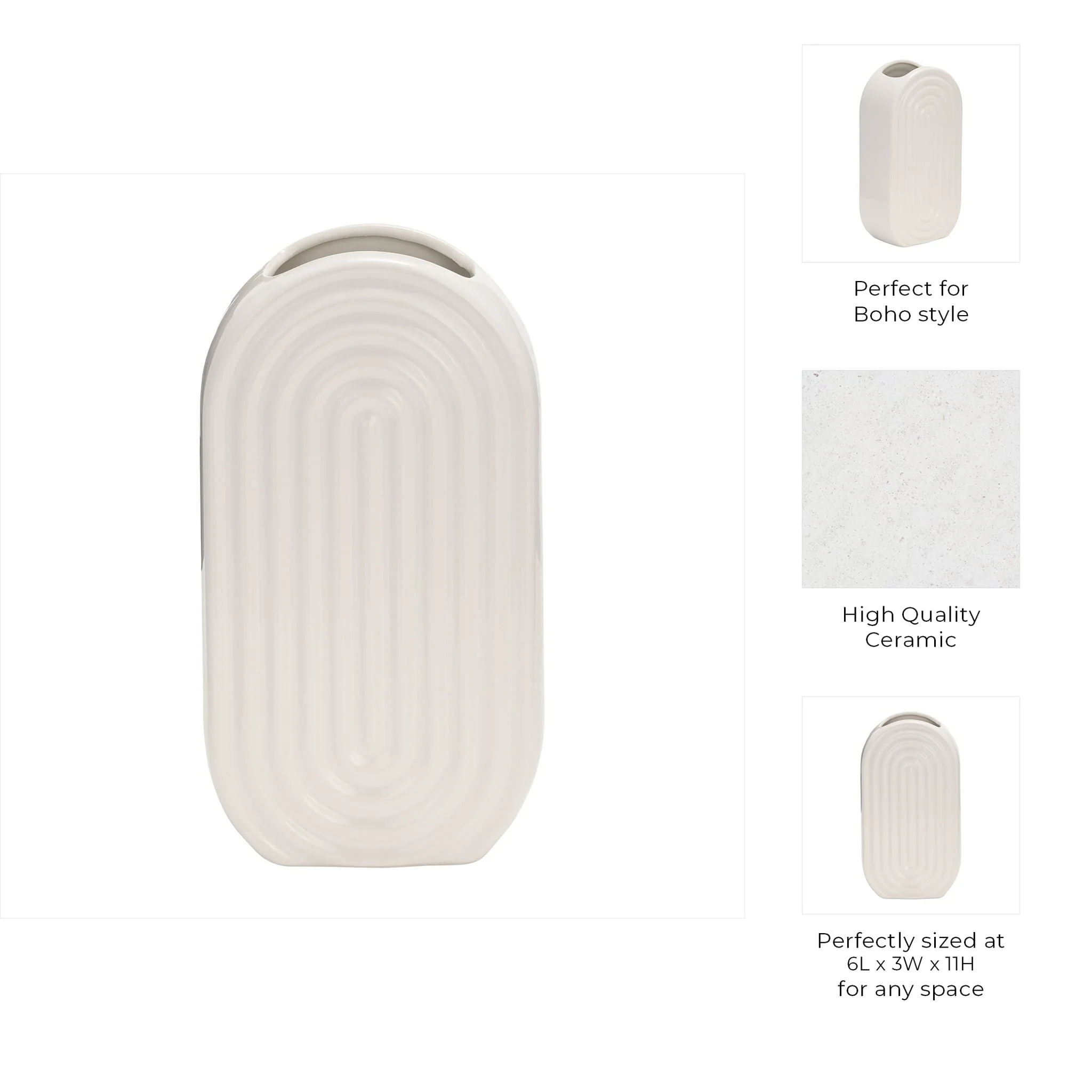 Cer, 11" Oval Ridged Vase, White - Image 9