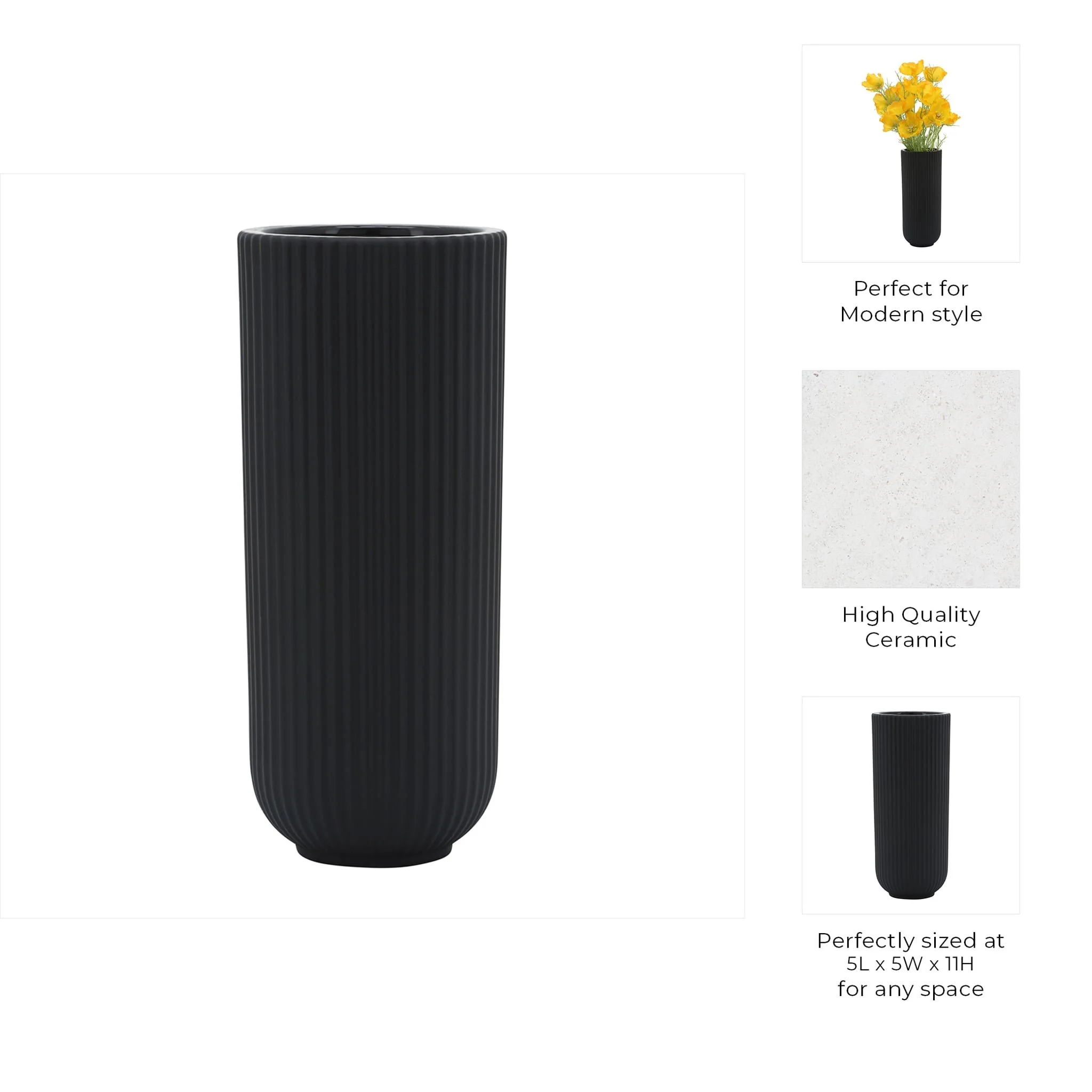 Cer, 11"h Ridged Vase, Black - Image 6
