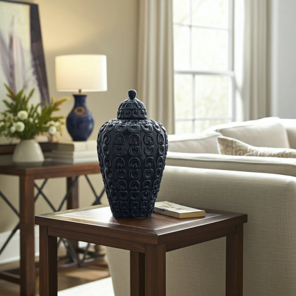 Cer, 12" Chain Texture Jar, Navy - Image 10