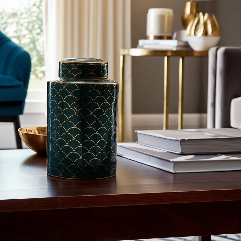 Cer, 12" Crackle Jar W/ Lid, Gold - Image 11